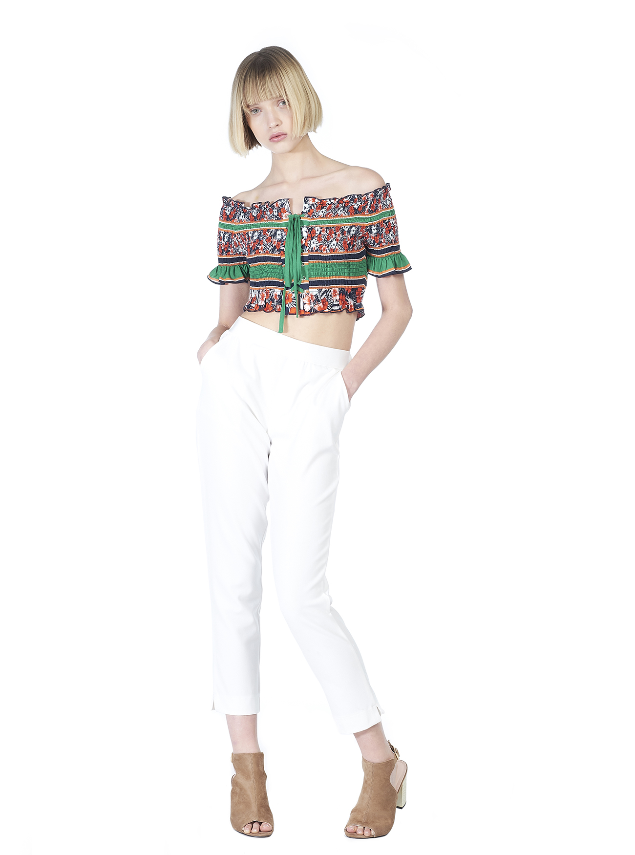 Top cropped con arricciatura scollo bardot e stampa colorata, MULTICOLOR