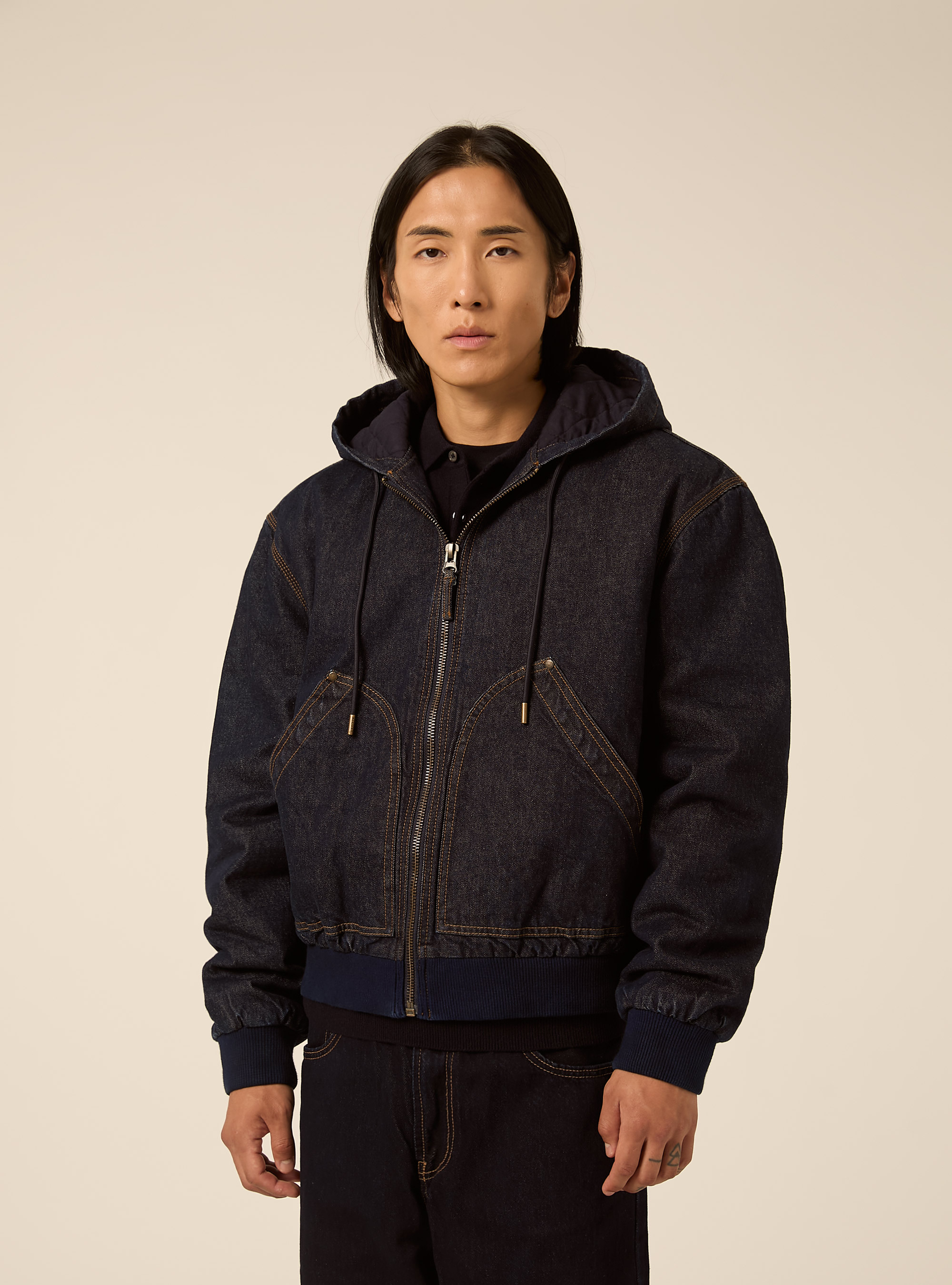 Giacca imbottita con cappuccio in denim, D001 DEEP BLUE