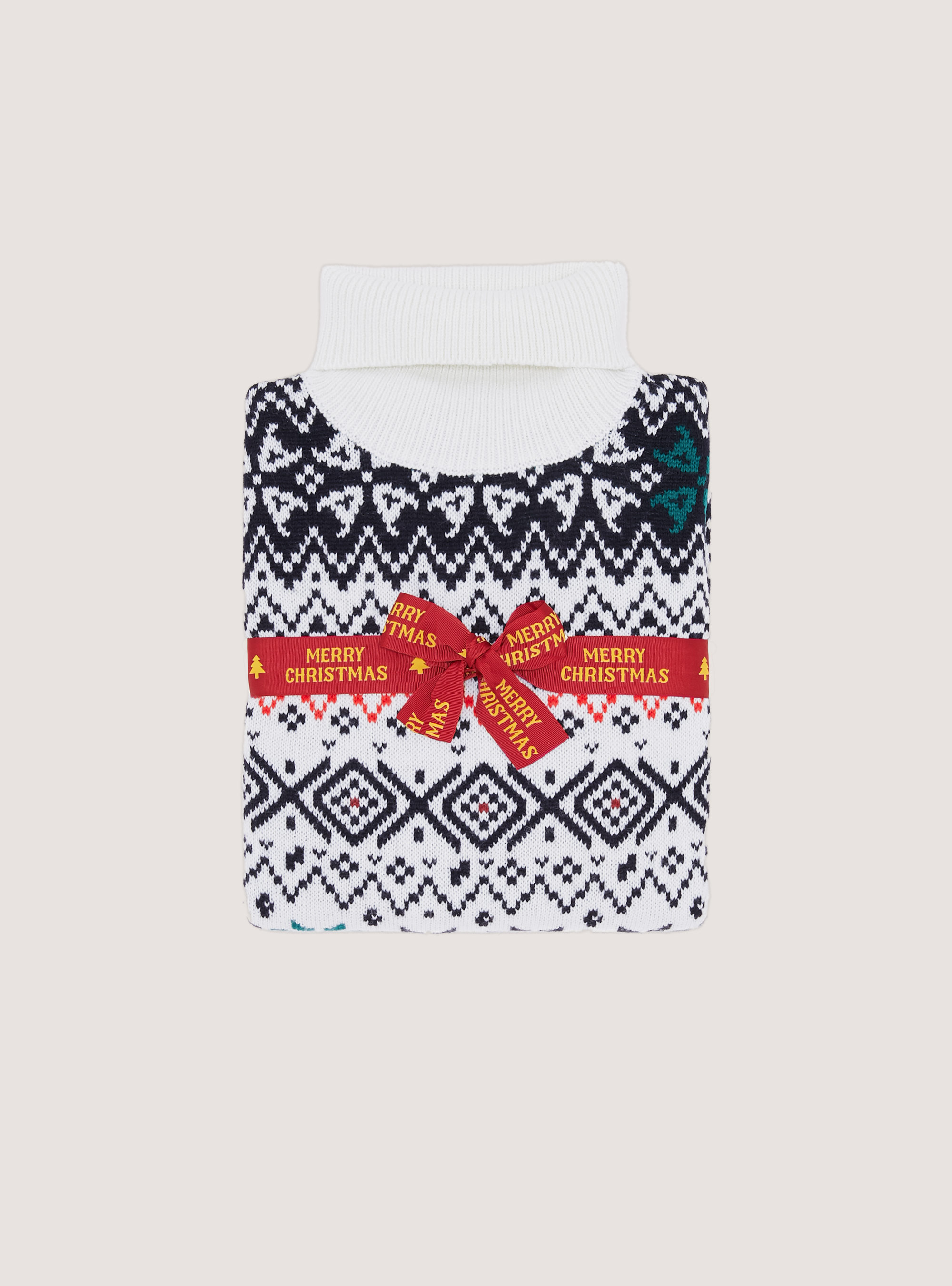 Pullover collo alto con fiocco di neve e abete, WHITE