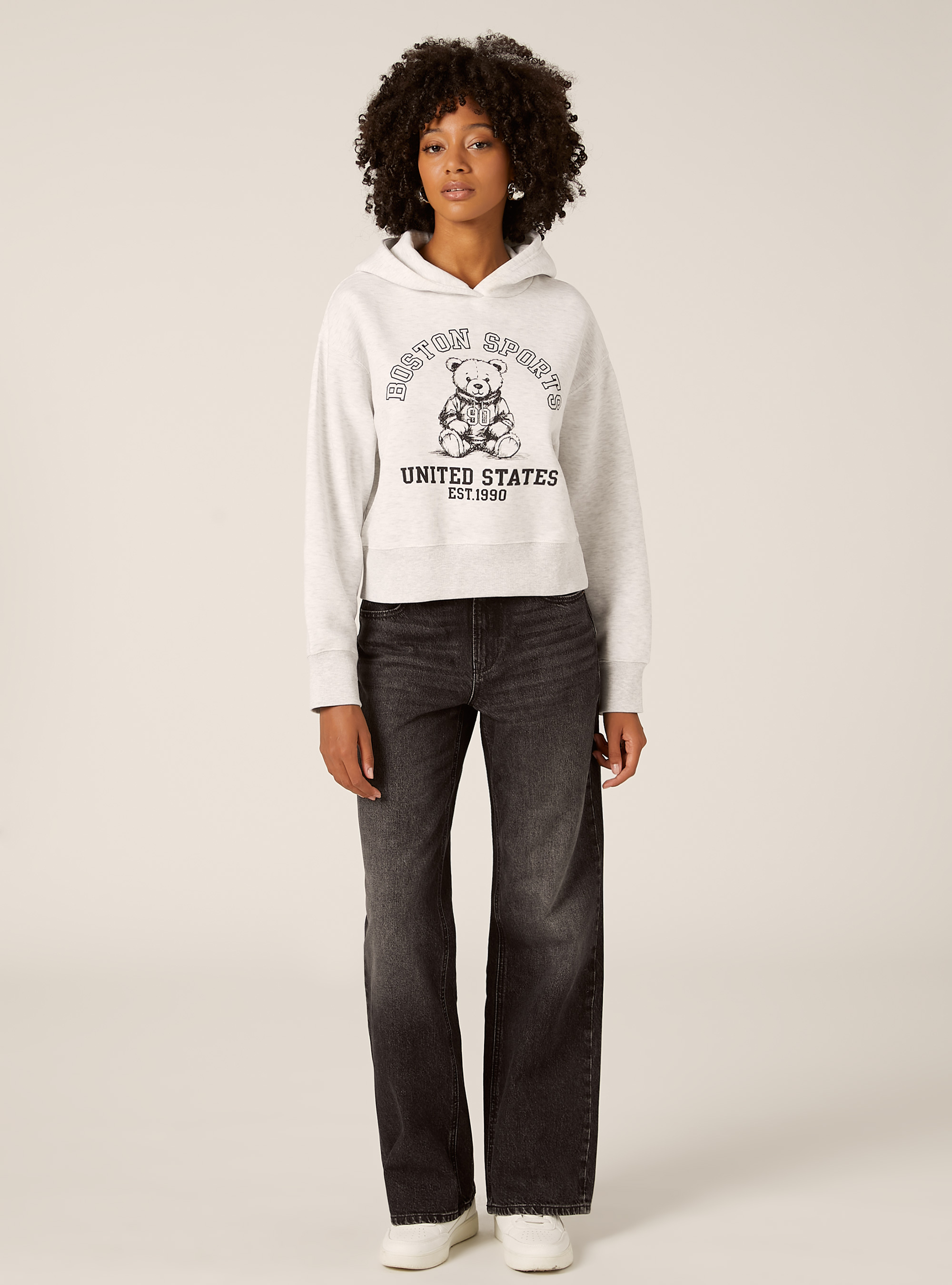 Felpa boxy cappuccio con stampa teddy, MGY3 GREY MEL LIGHT