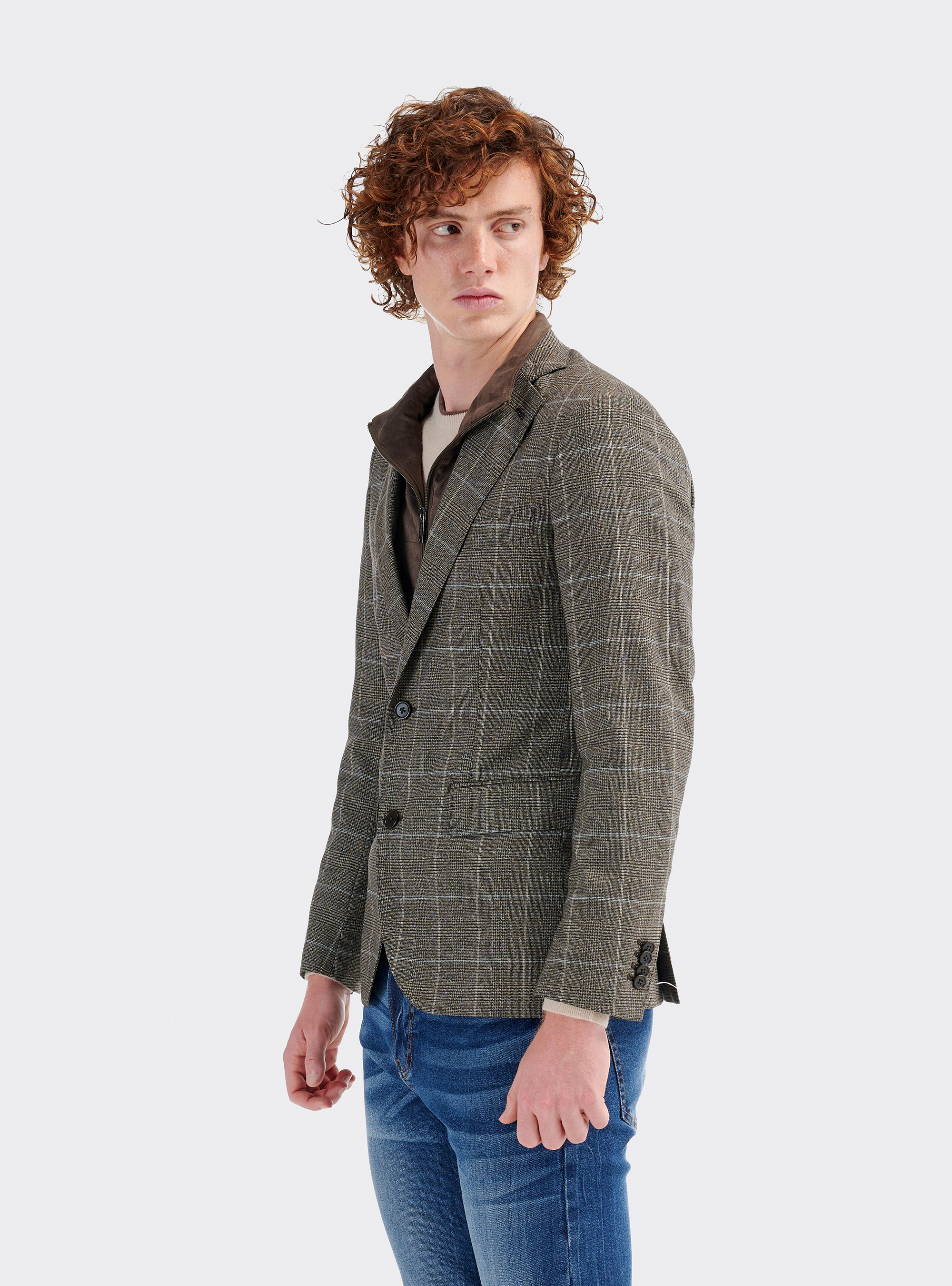 Giacca a quadri con gilet interno removibile, C507 BROWN