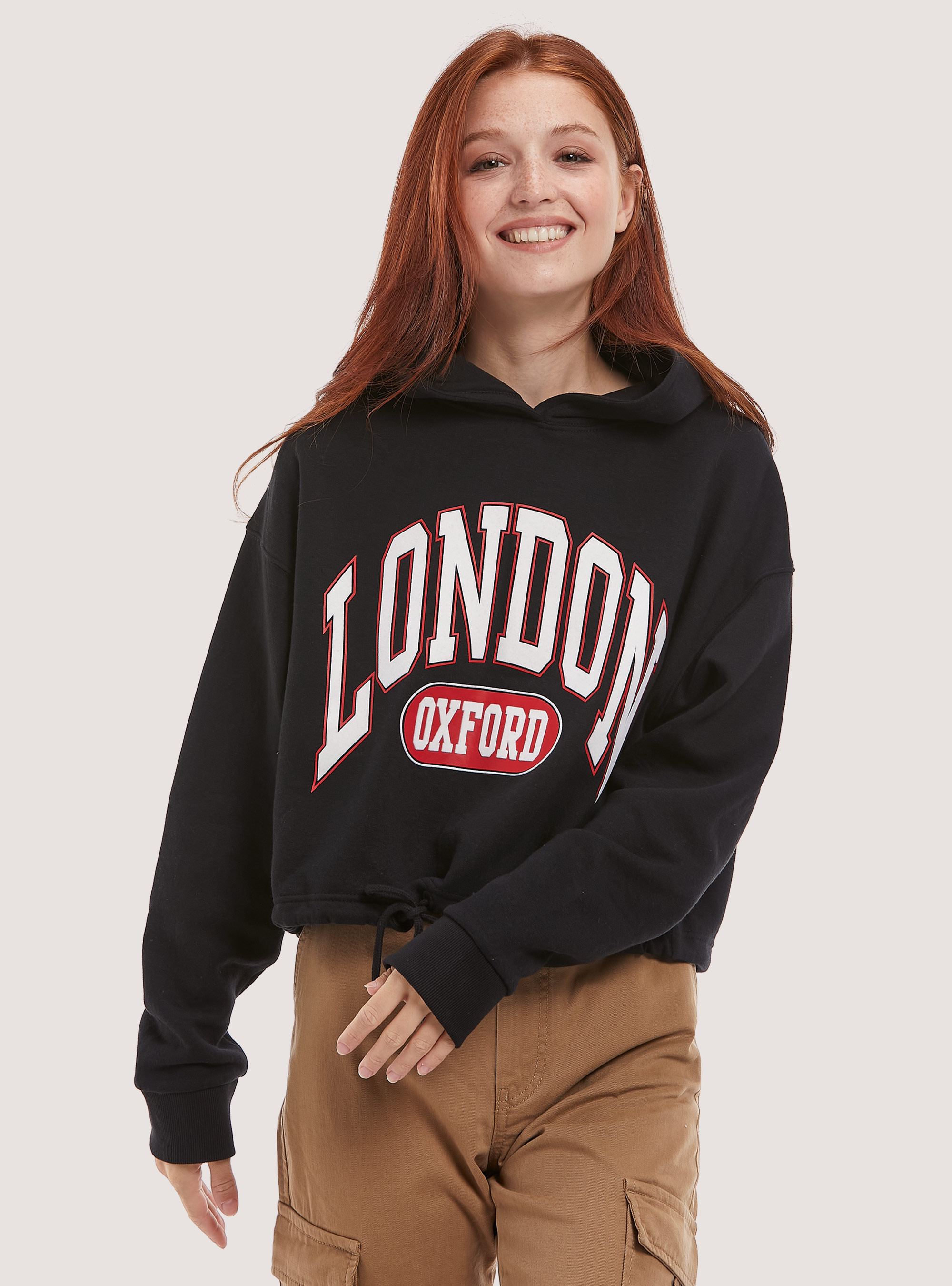 Sudadera con estampado y cordón en el bajo, BK1 BLACK