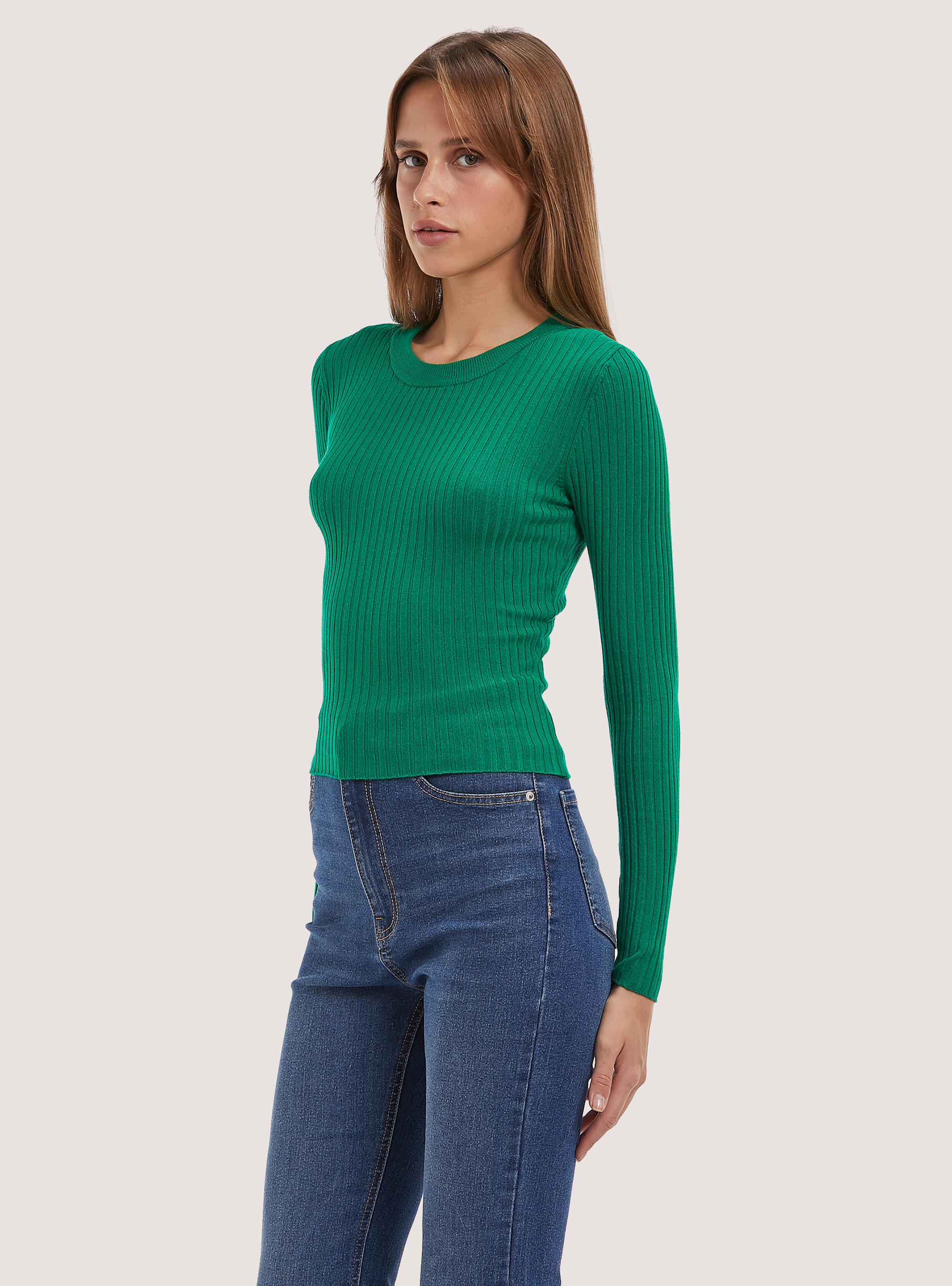 Soft cropped ribbed stretch pullover, GN2 GREEN MEDIUM