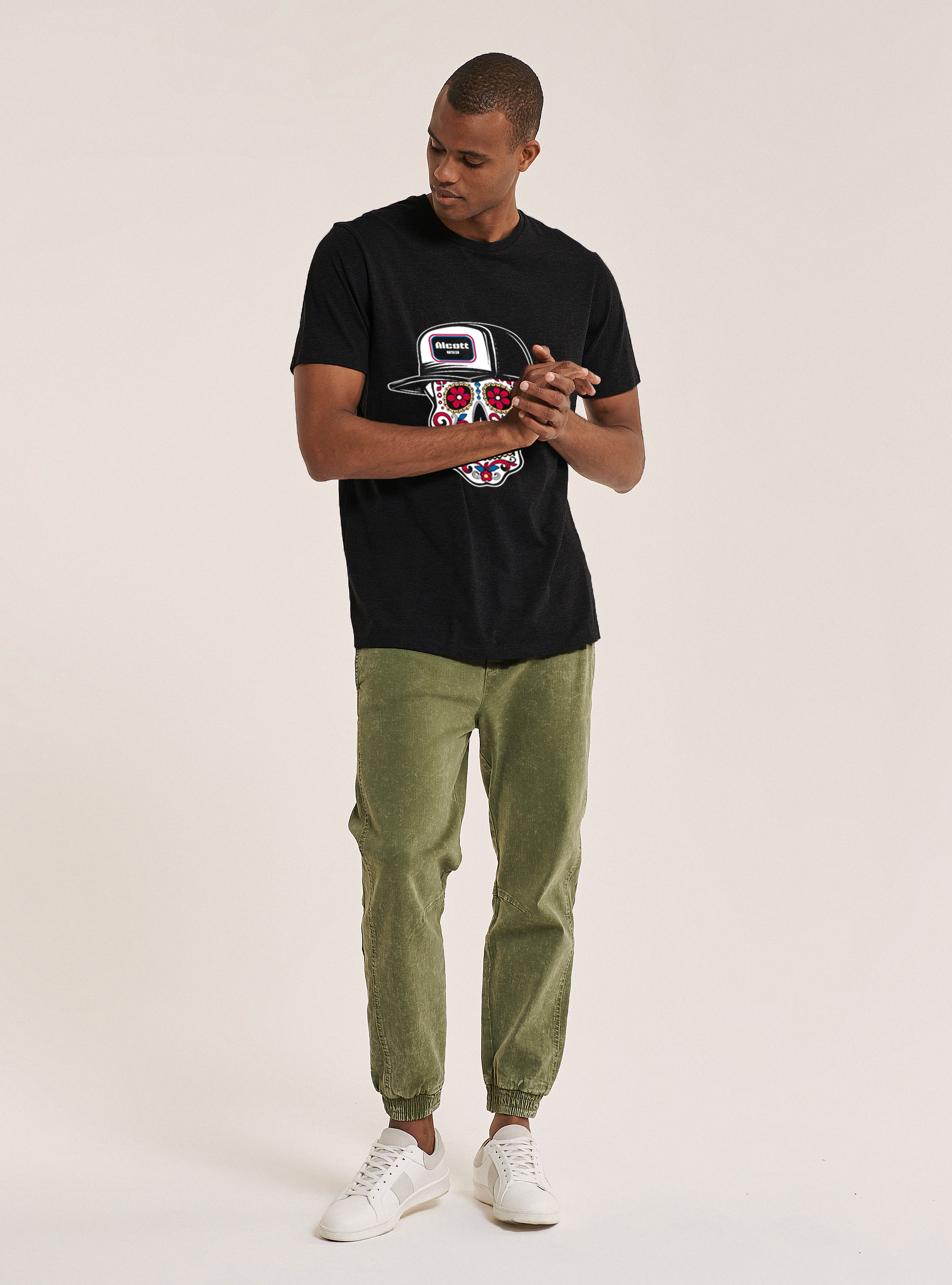 Maglietta in cotone con stampa teschio, NERO