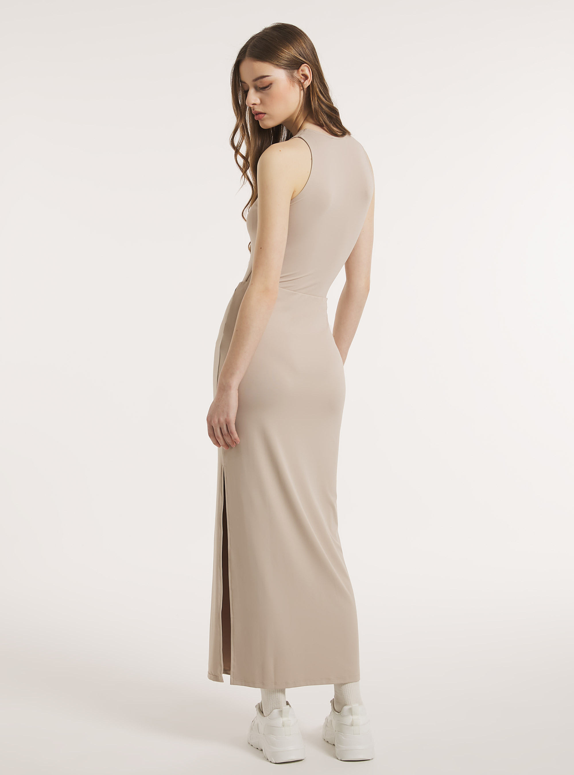 Long skirt with side slit, BG3 BEIGE LIGHT