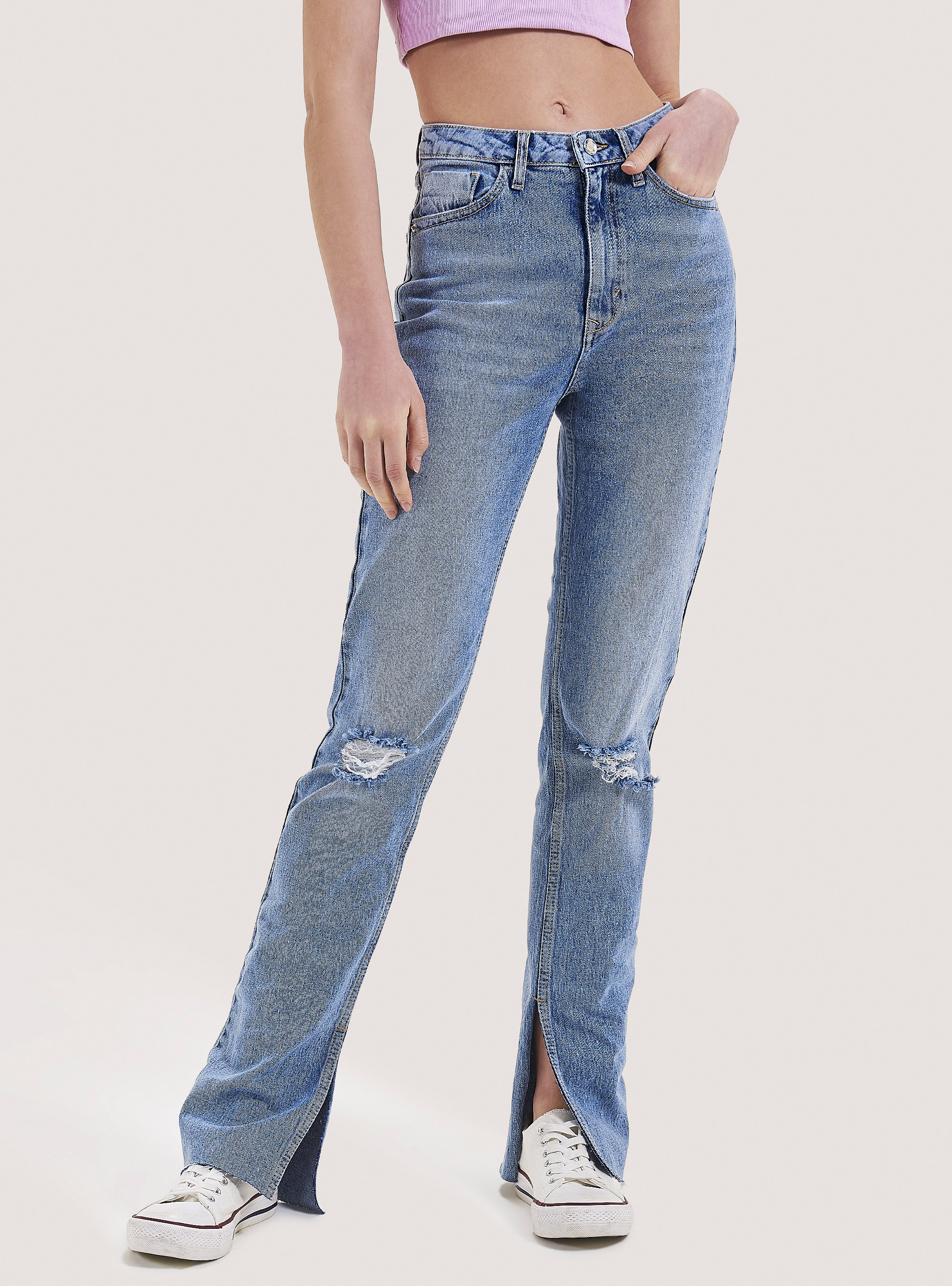 Flare jeans with side slits, D003 MEDIUM BLUE