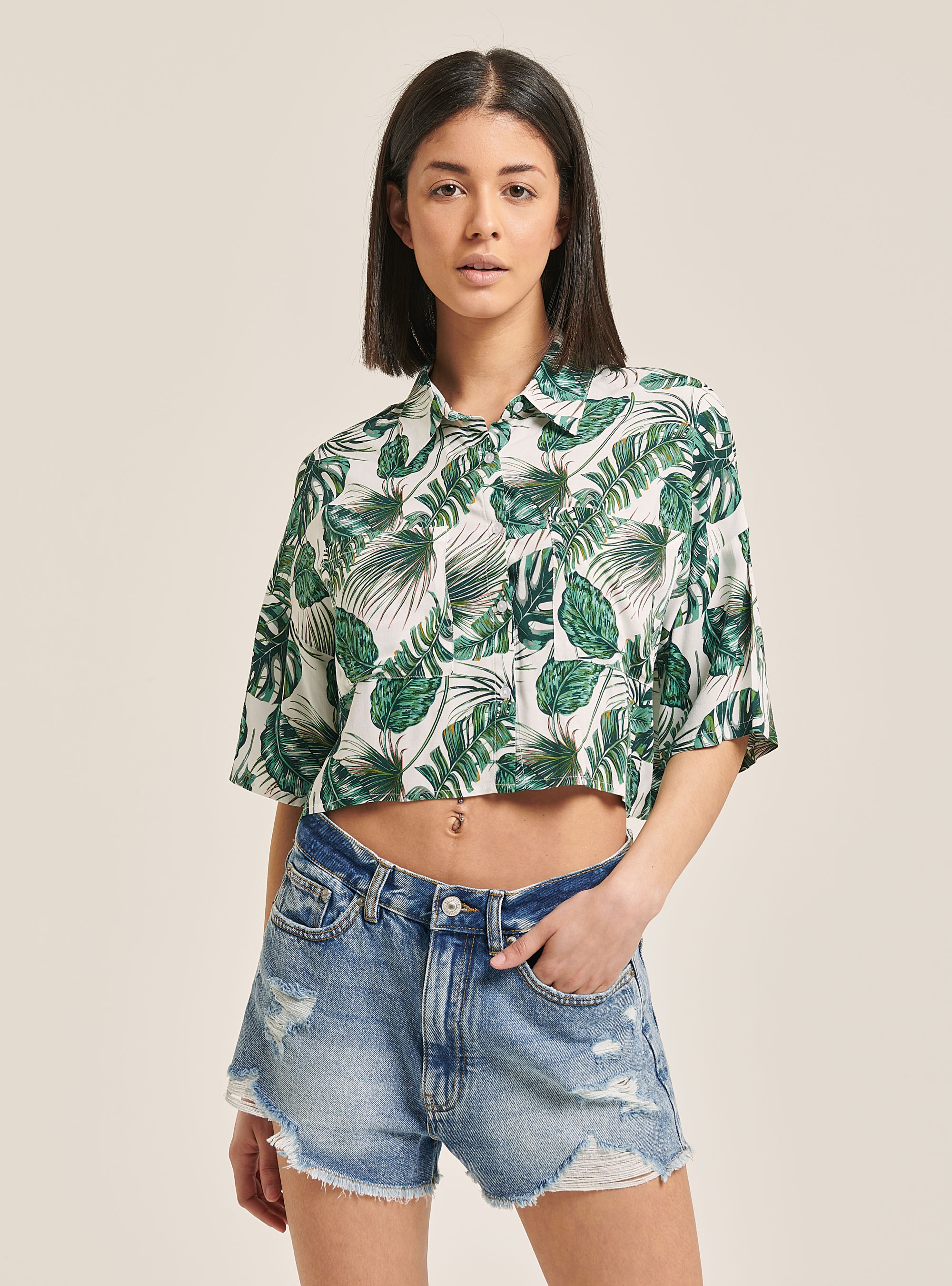 Camicia cropped stampa hawaiana, LEAVES