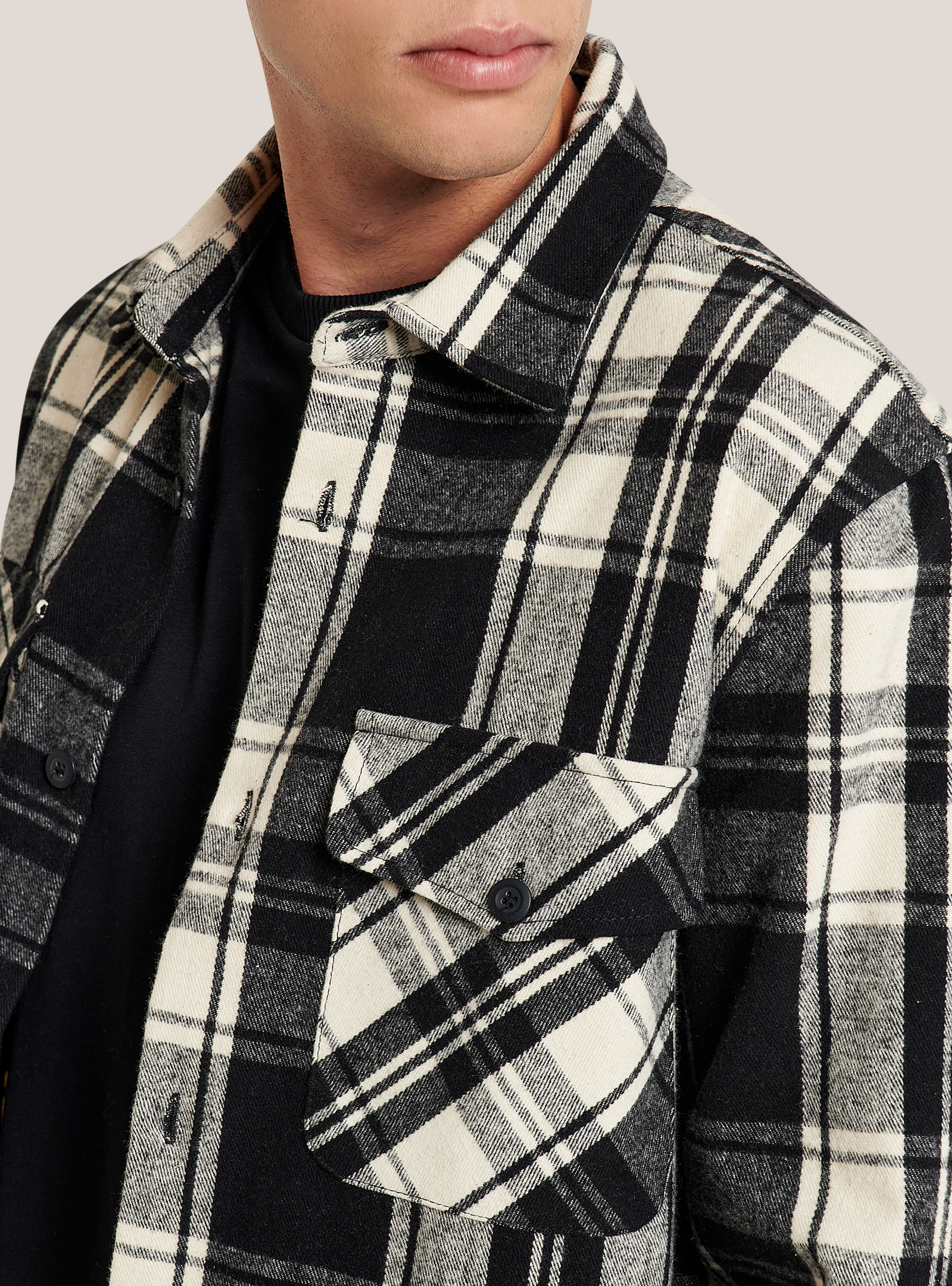 Oversized checked shirt jacket, BLACK