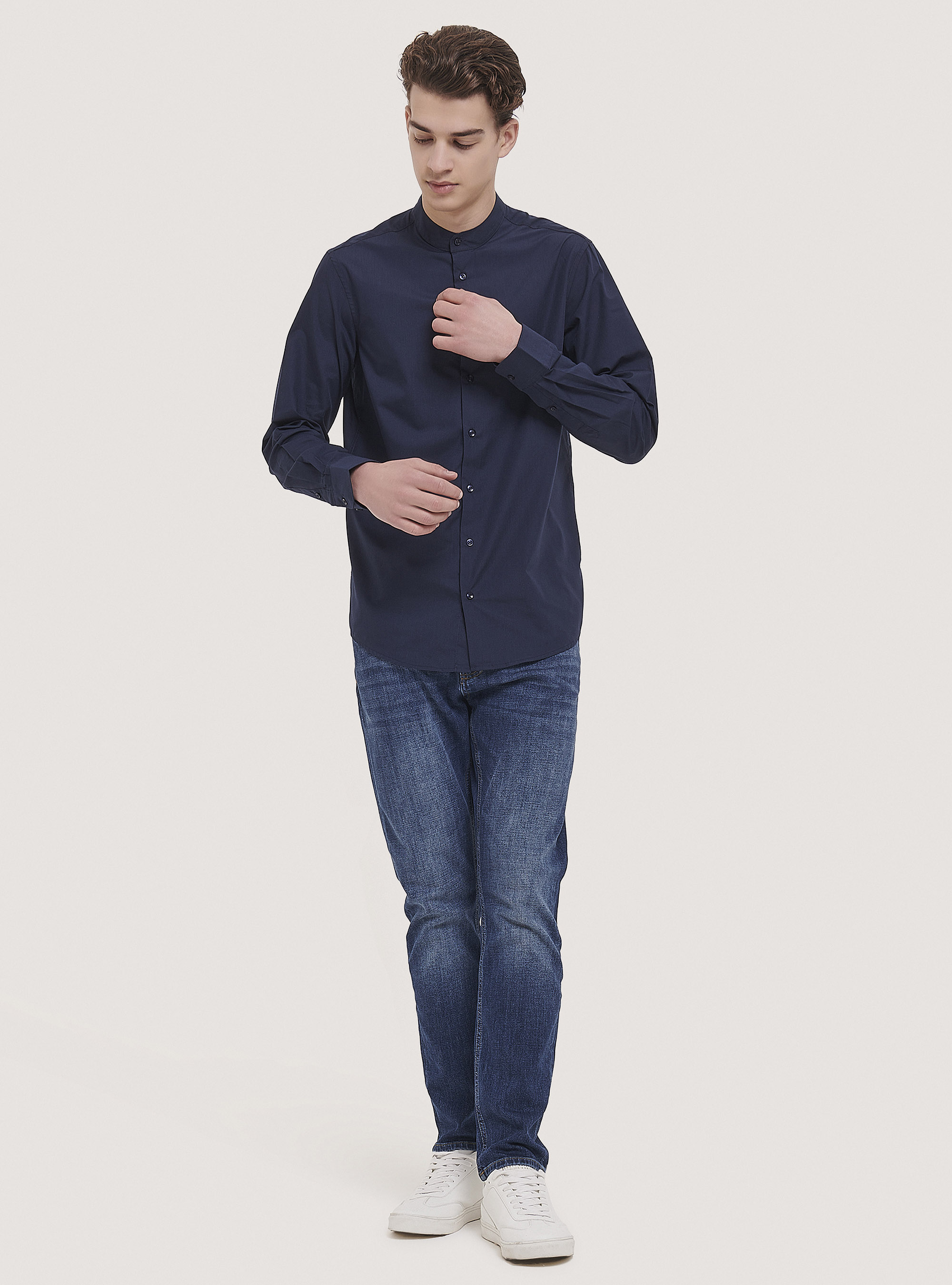 Plain-coloured shirt with Korean collar, BLUE