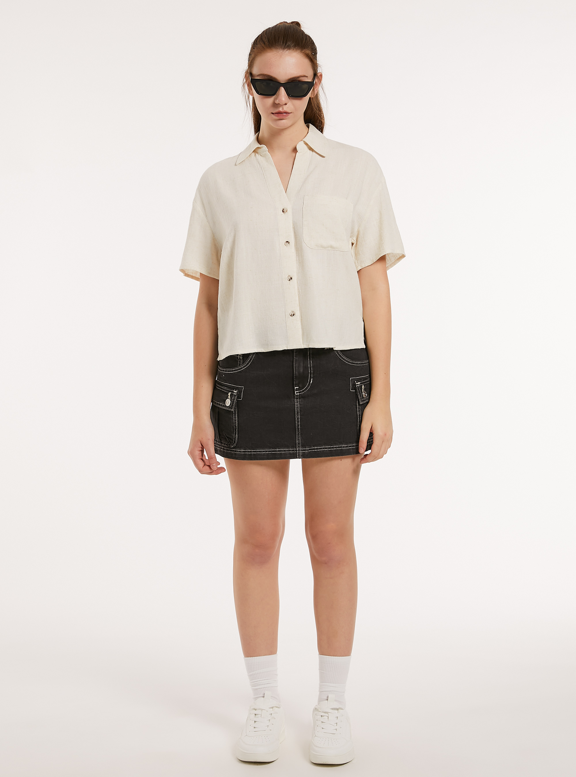 Linen blend cropped shirt, BG3 BEIGE LIGHT