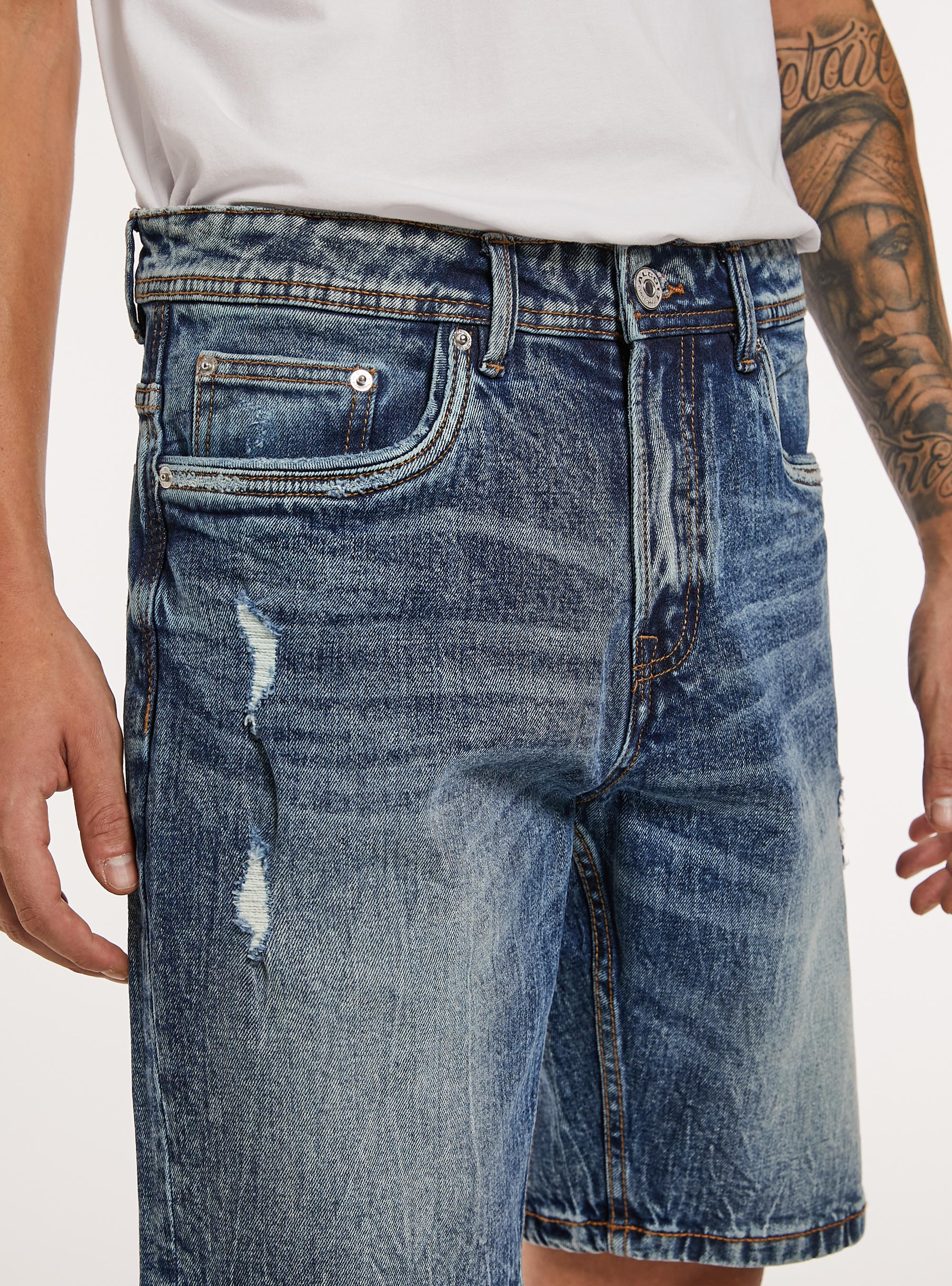 Stretch denim slim fit bermuda shorts with rips, D002 MEDIUM DARK BLUE
