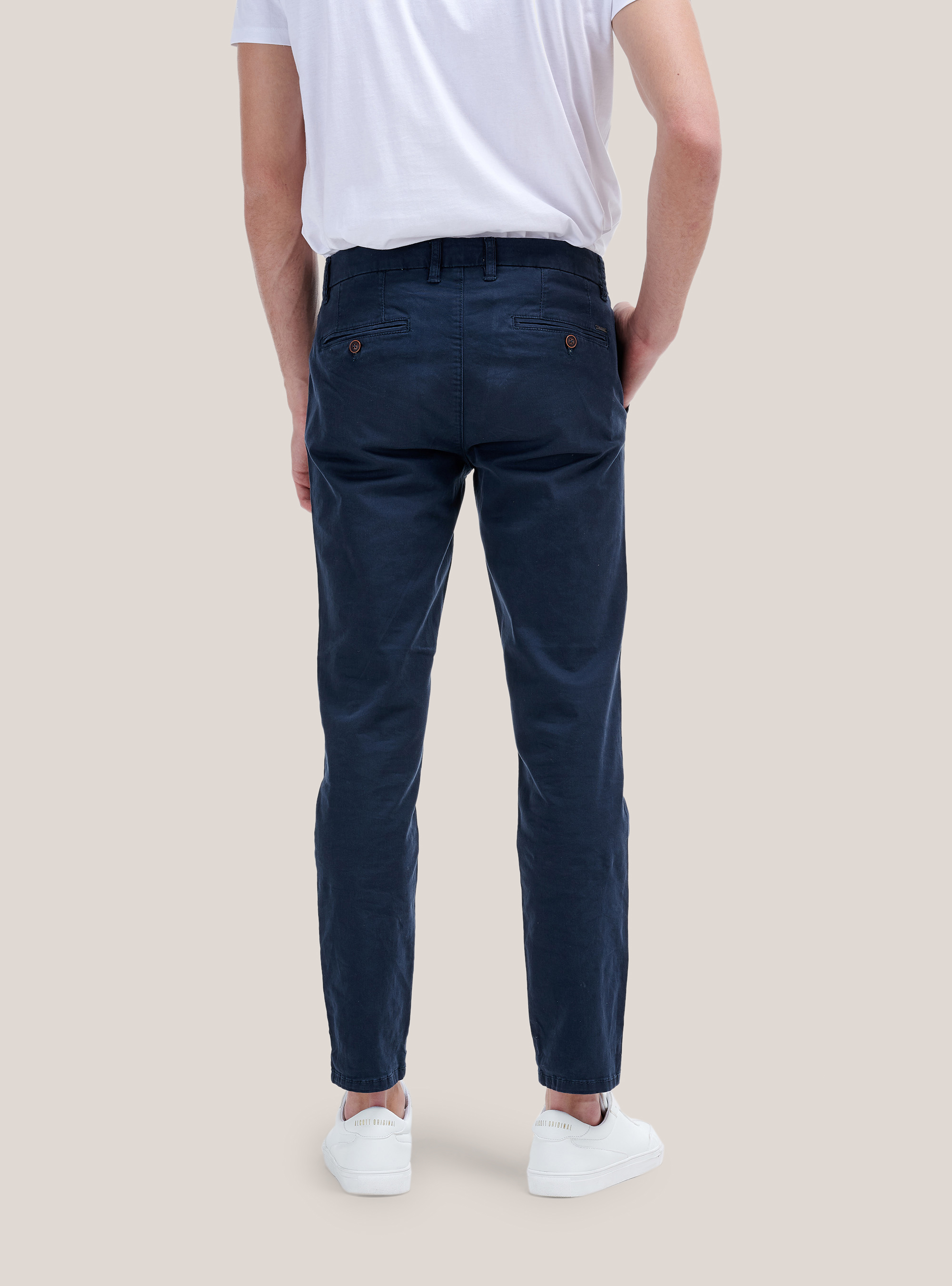 Pantaloni chinos twill stretch in cotone sostenibile, BLU MARINO