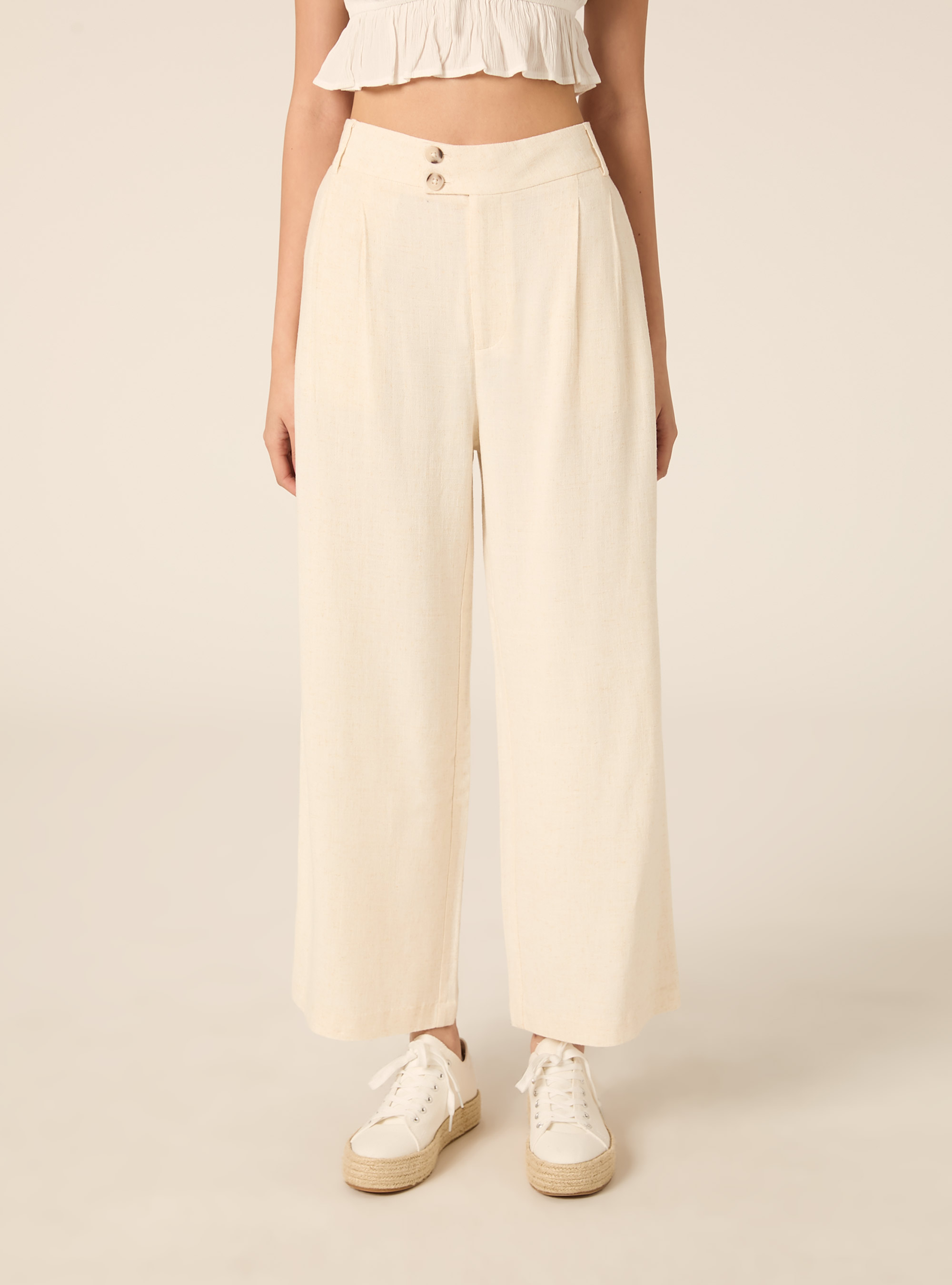 Pantaloni wide leg in misto lino, MBG3 BEIGE MEL LIGHT