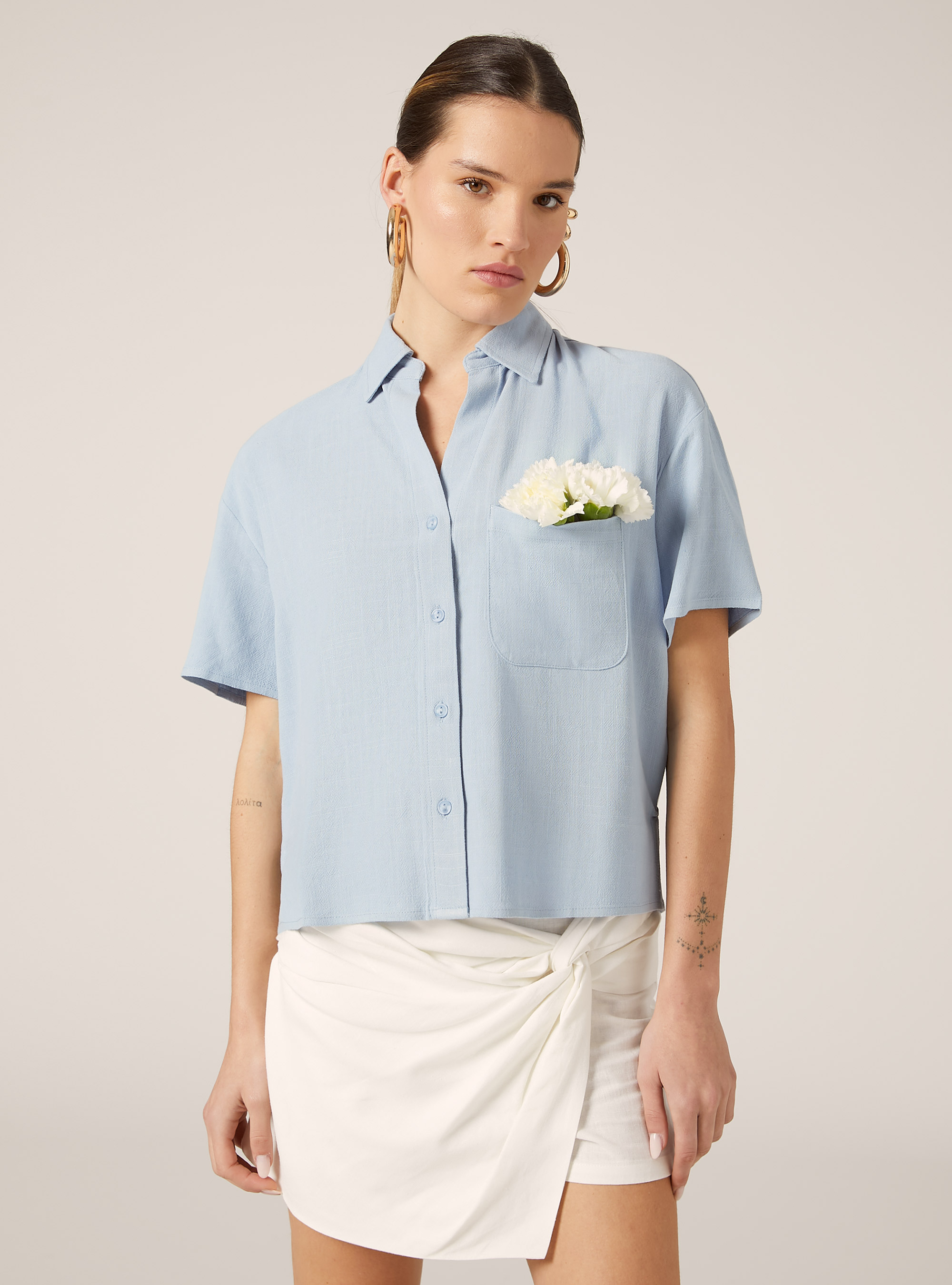 Chemise courte en lin m&eacute;lang&eacute;, AZ3 AZURE LIGHT