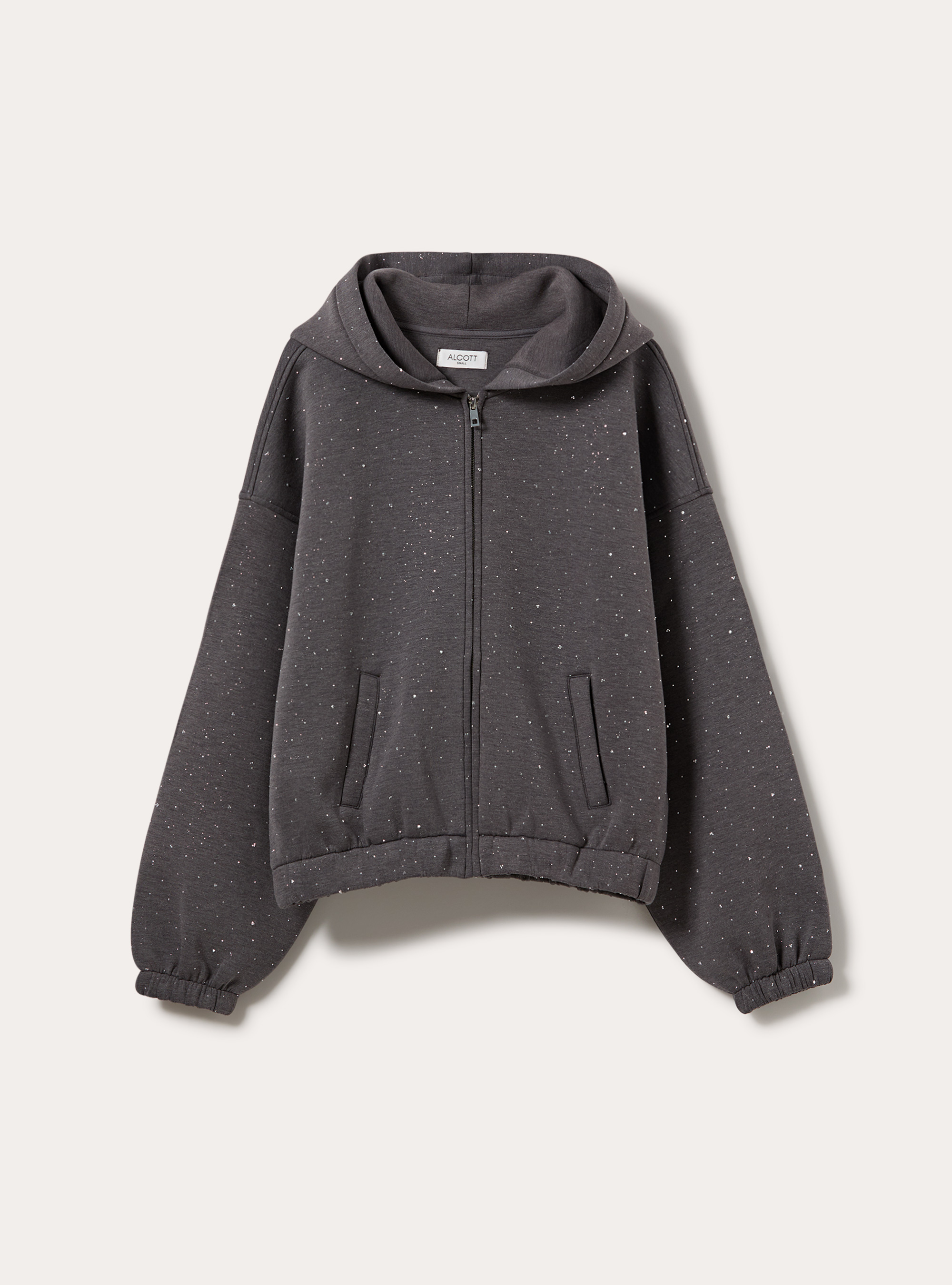 Cardigan felpa in scuba boxy fit con strass, GRIGIO MEDIO MELANGE