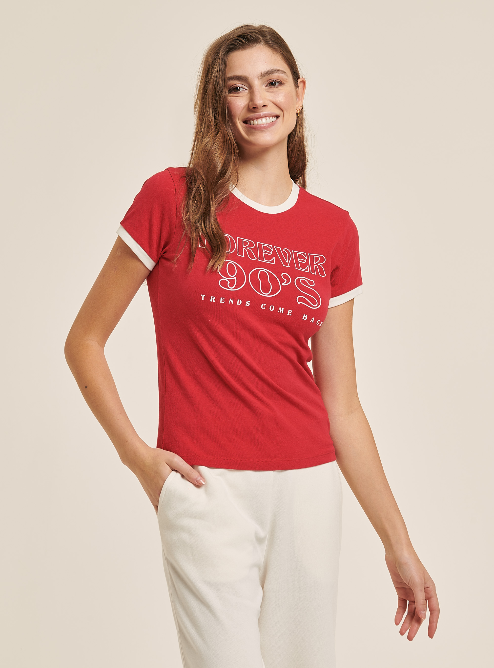 Maglietta stampa lettering in cotone combed, ROSSO