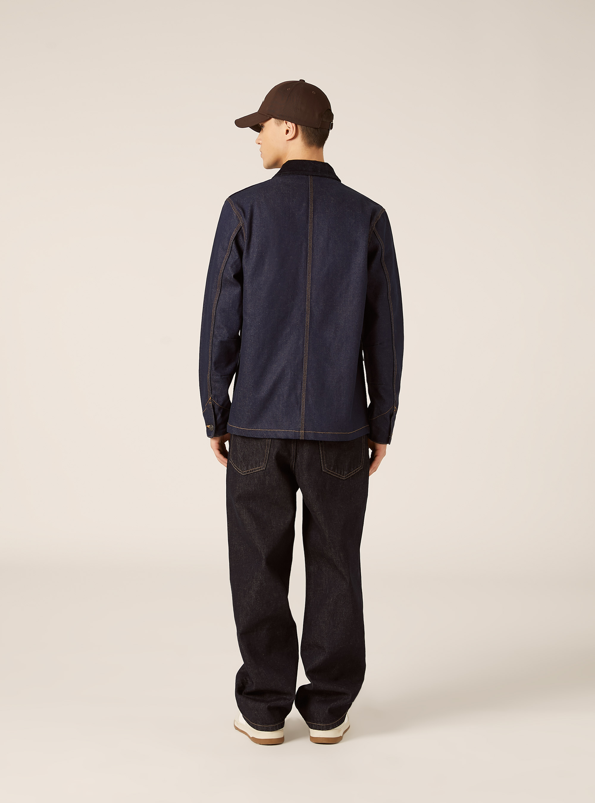 Giubbino in denim con collo in velluto e tasconi, D001 DEEP BLUE