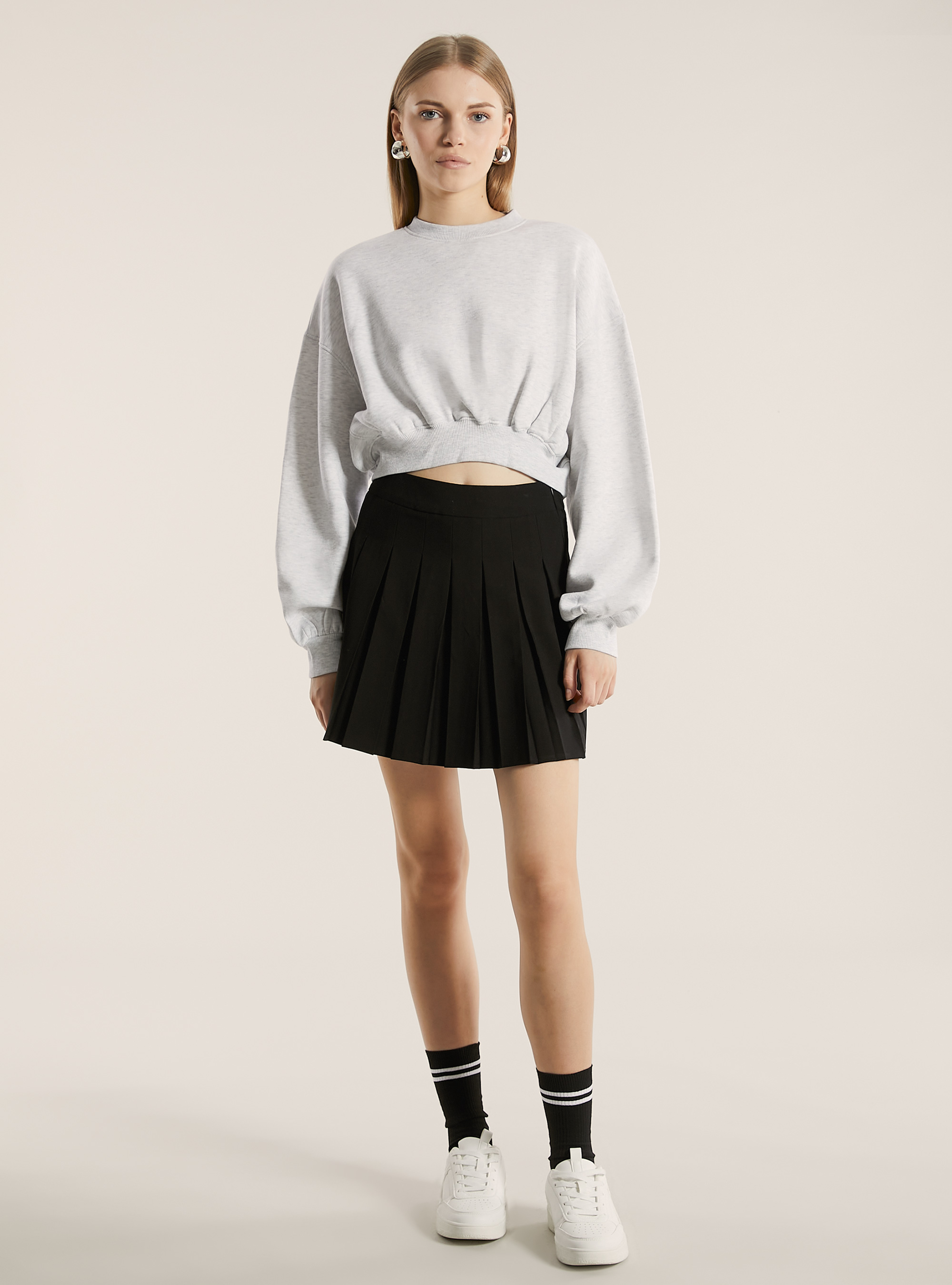 Baumwoll-Crop-Sweatshirt mit Rundhalsausschnitt, MGY3 GREY MEL LIGHT