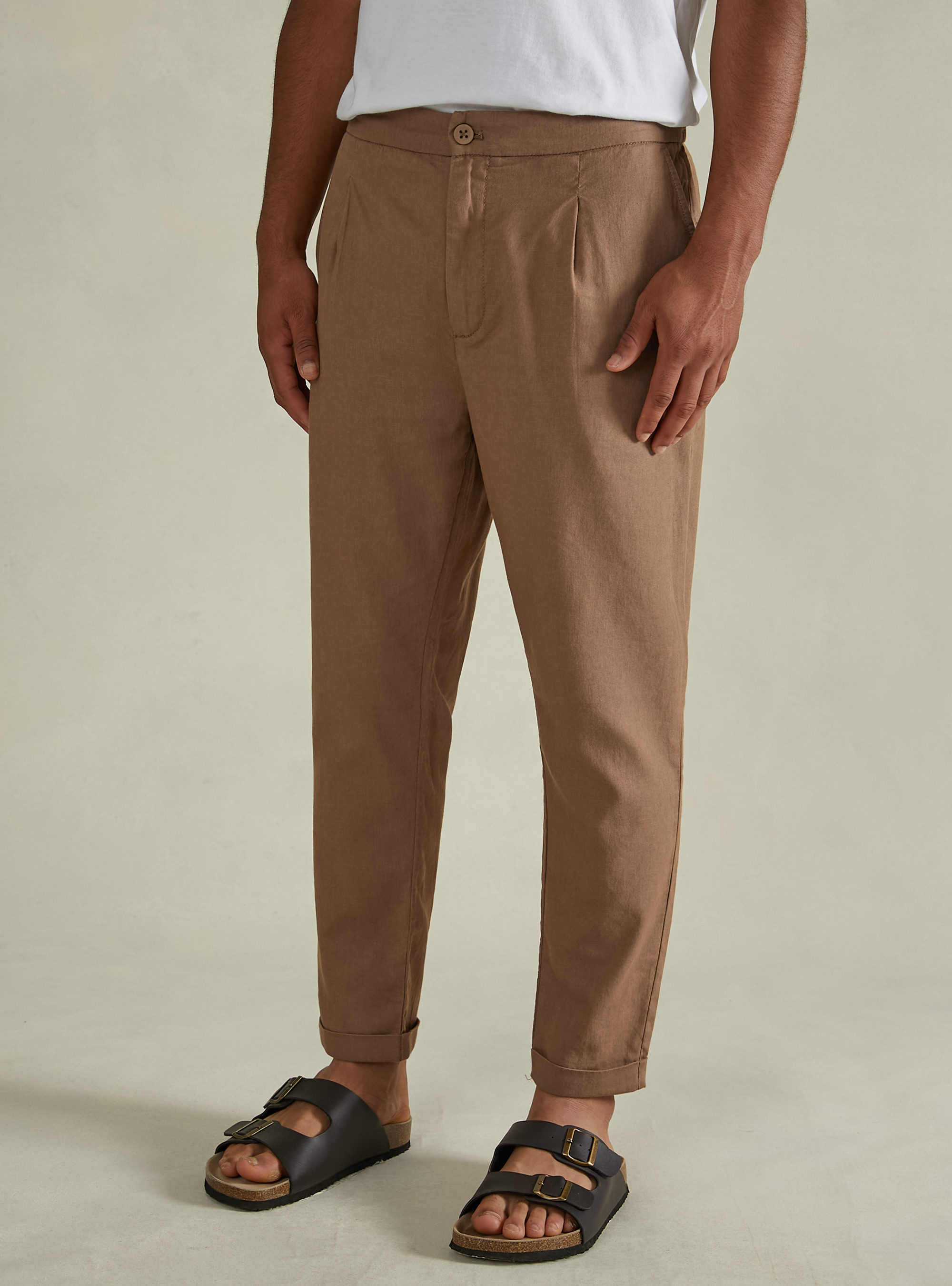 Pantalon en lin m&eacute;lang&eacute; avec pinces, TB2 TOBACCO MEDIUM