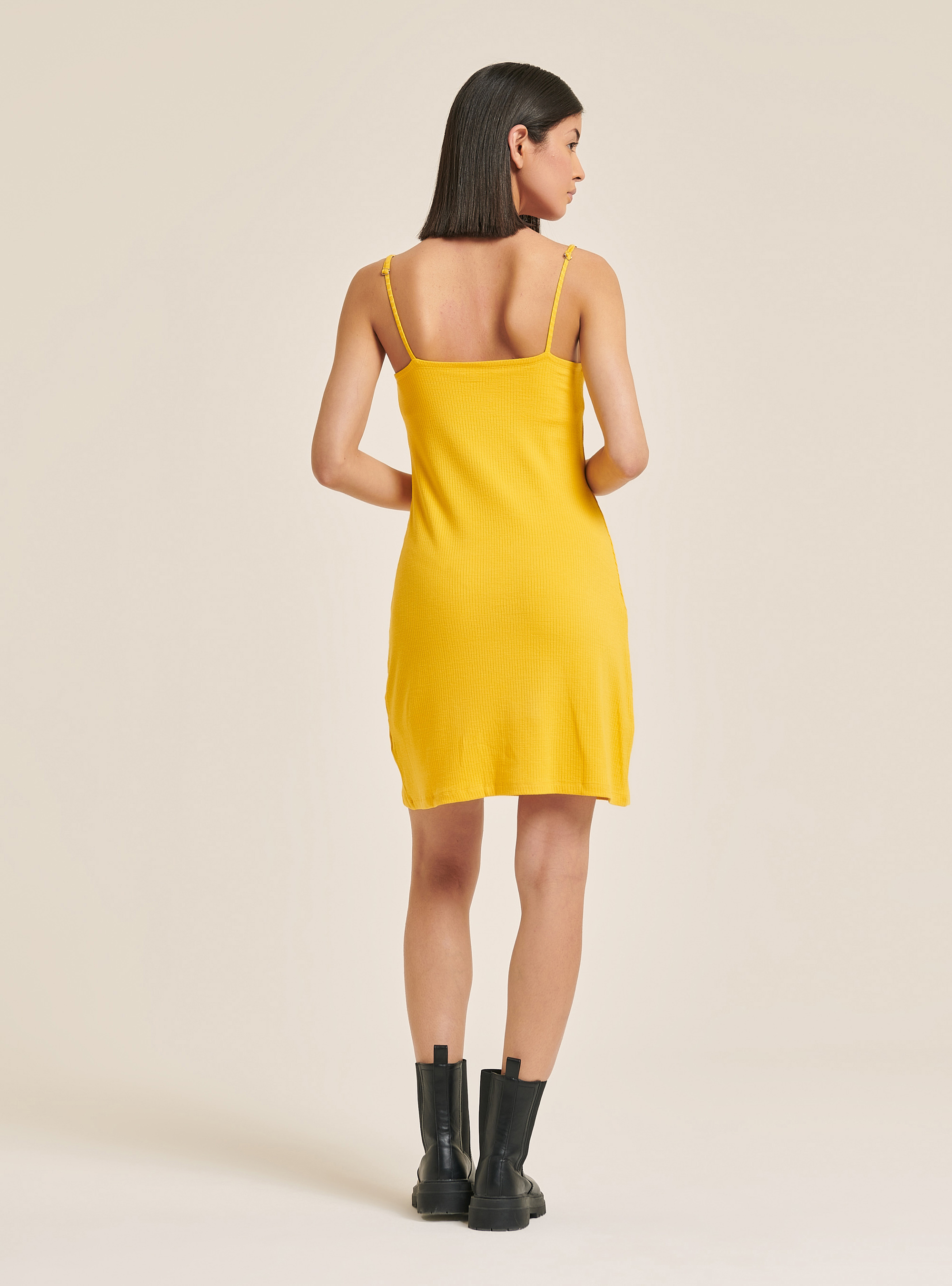 Ribbed mini dress with braces, C7713 YELLOW