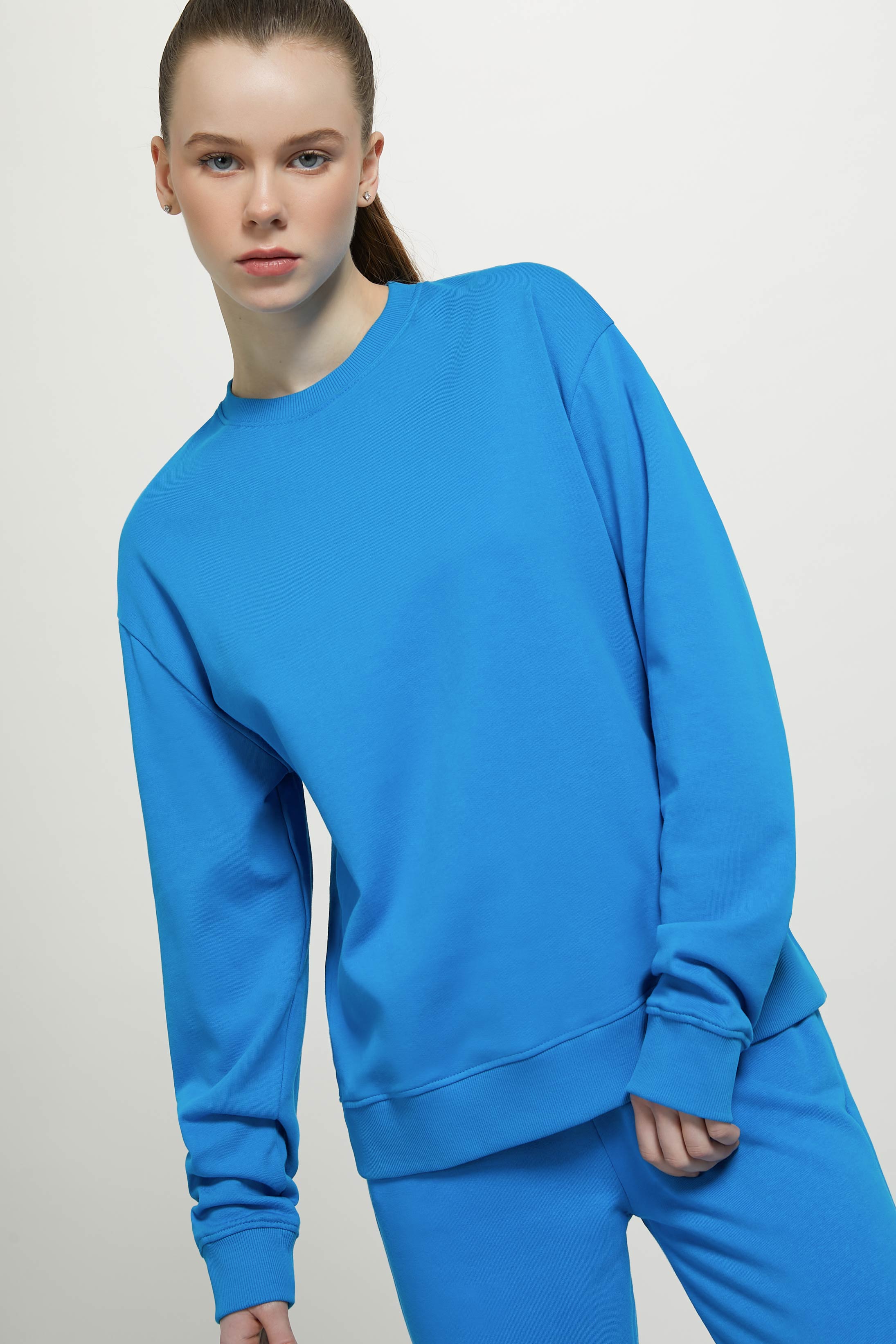 Sudadera lisa de algodón con cuello redondo, AZ1 AZZURRE DARK