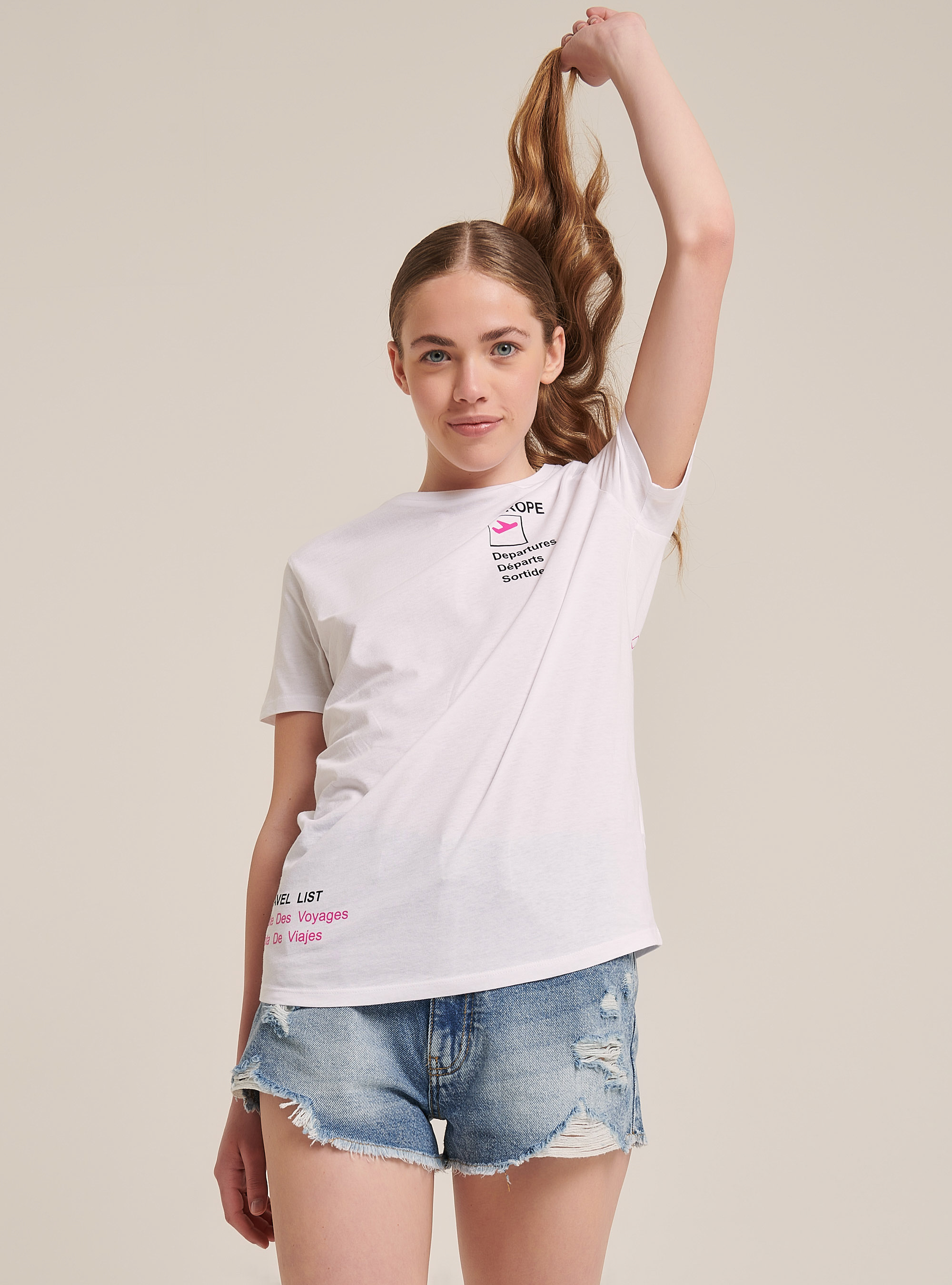 Maglietta girocollo con stampa lettering front e retro, WHITE