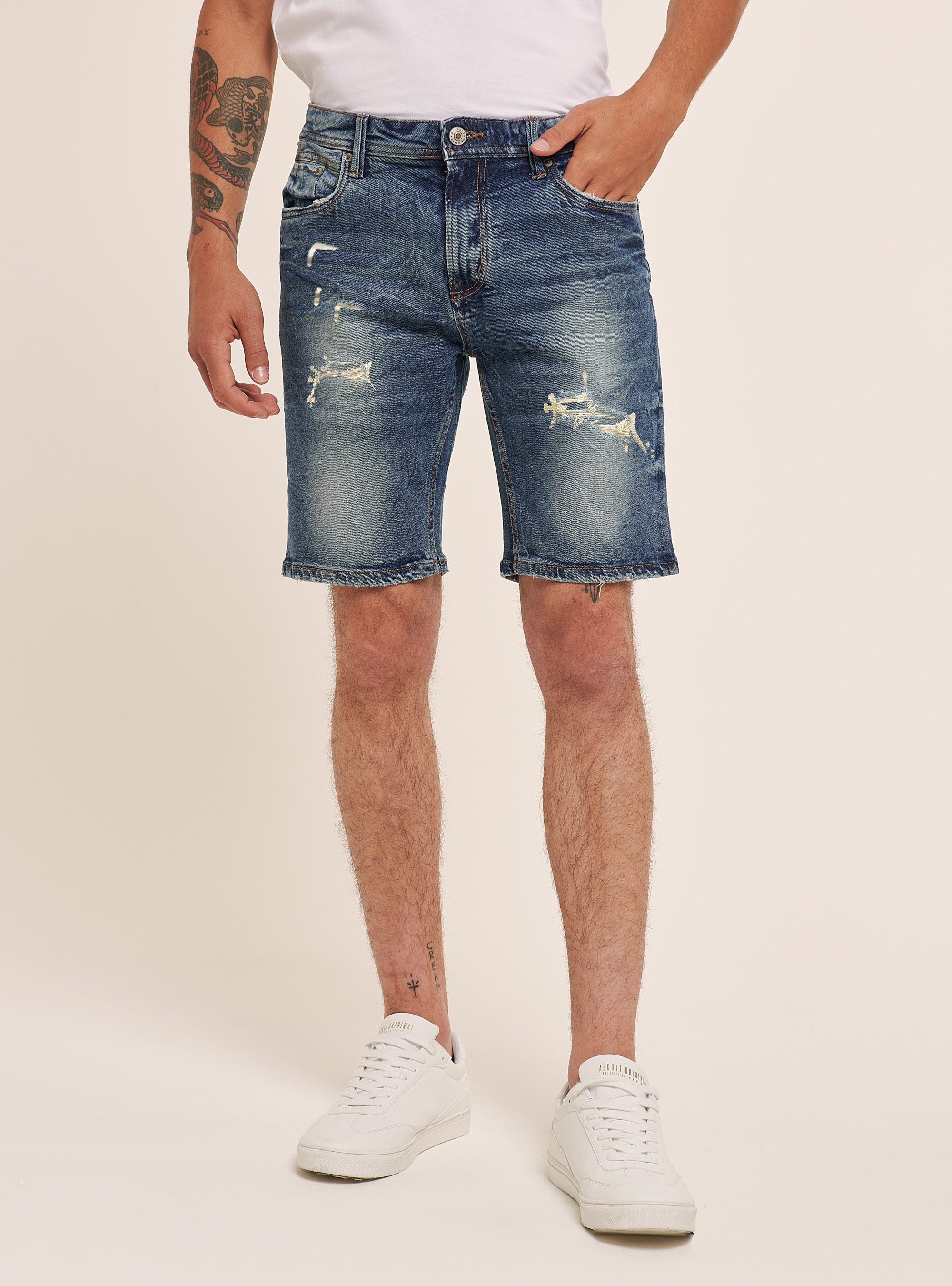 Bermudas slim fit en denim el&aacute;stico, AZUL