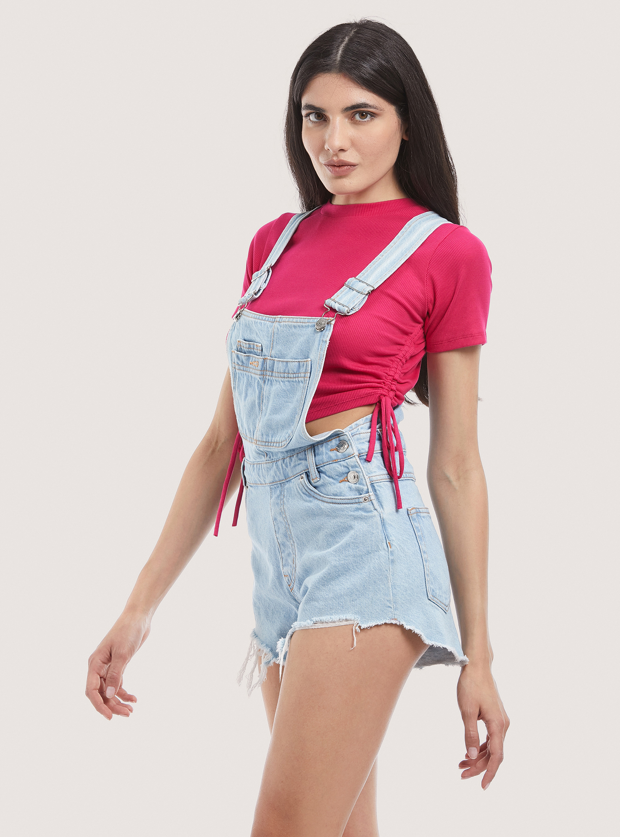 Salopette shorts in denim, D004 MEDIUM LIGHT BLUE