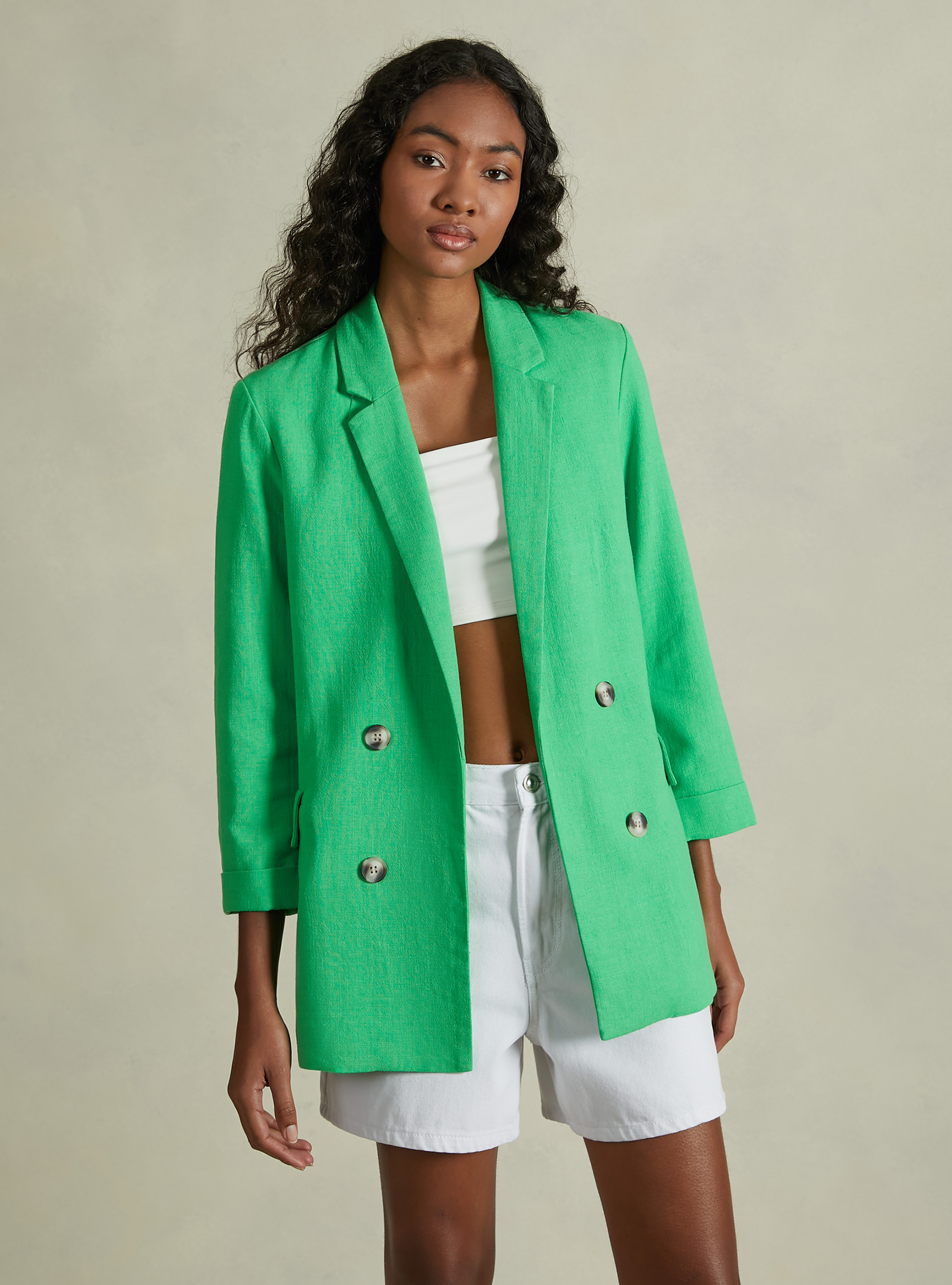 Blazer doppiopetto in misto lino, GN3 GREEN LIGHT