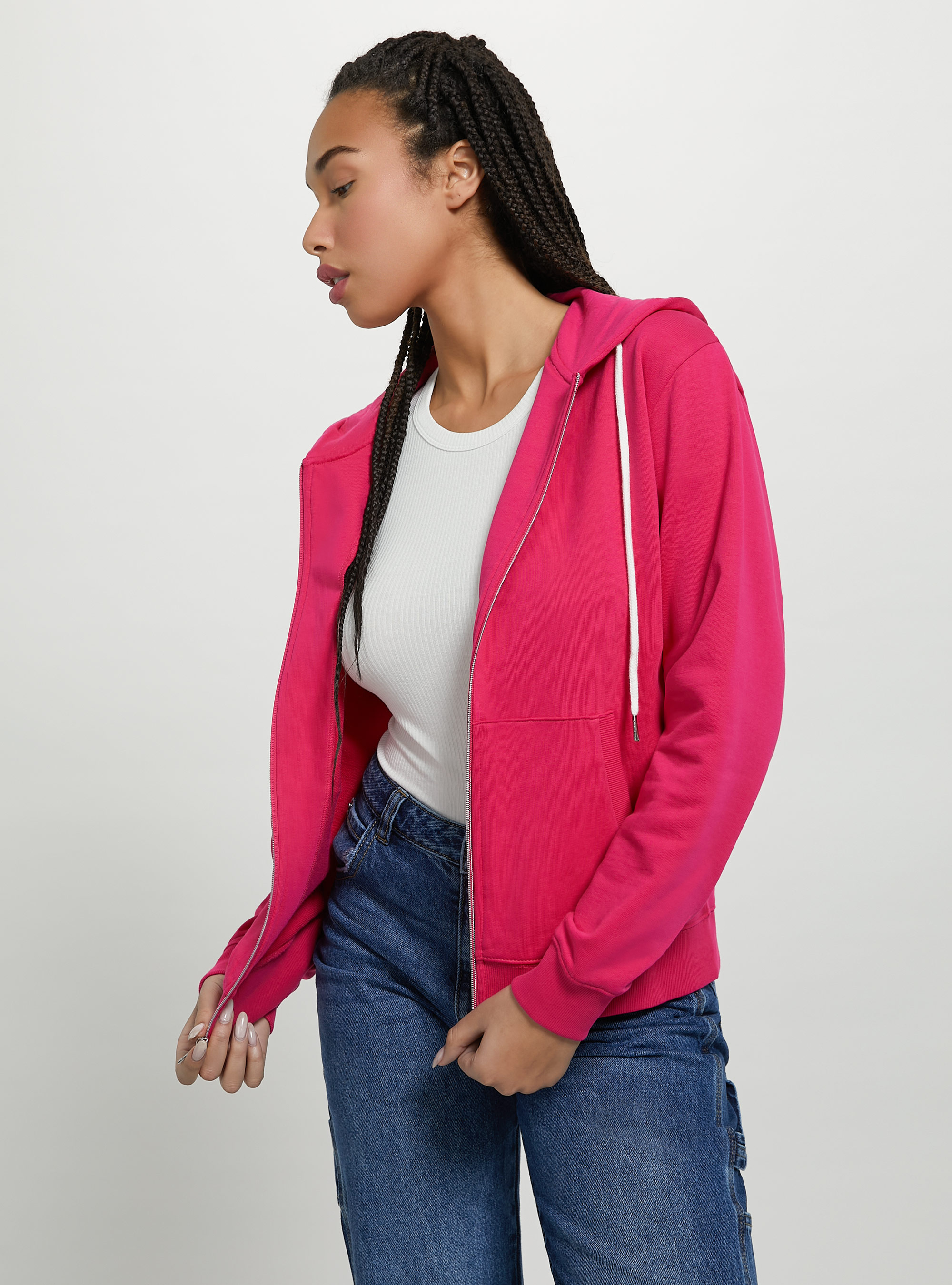 Felpa basic in cotone con zip e cappuccio, FUXIA