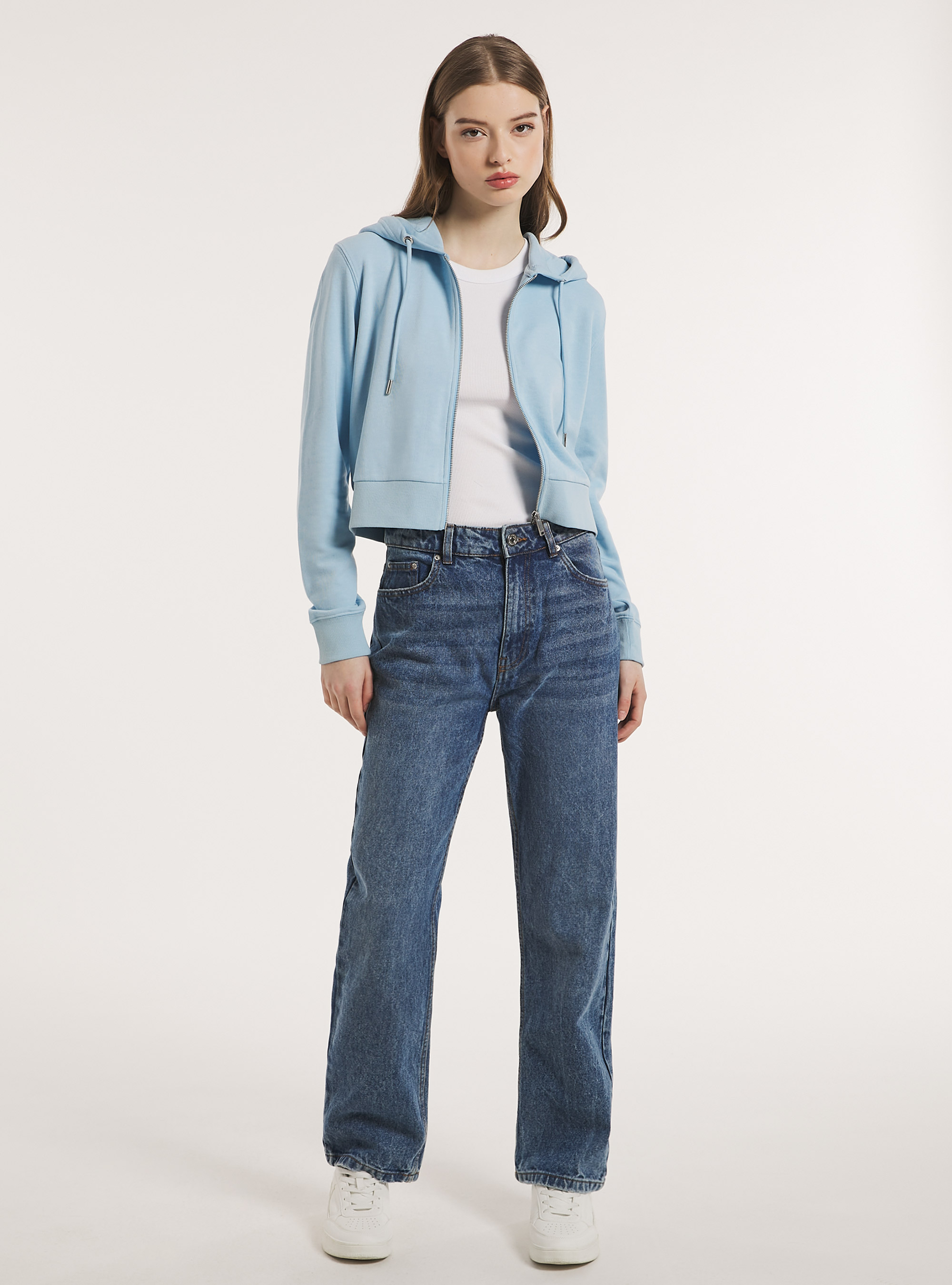 Sweatshirt in Boxy-Passform mit Reißverschluss und Kapuze, AZ3 AZURE LIGHT