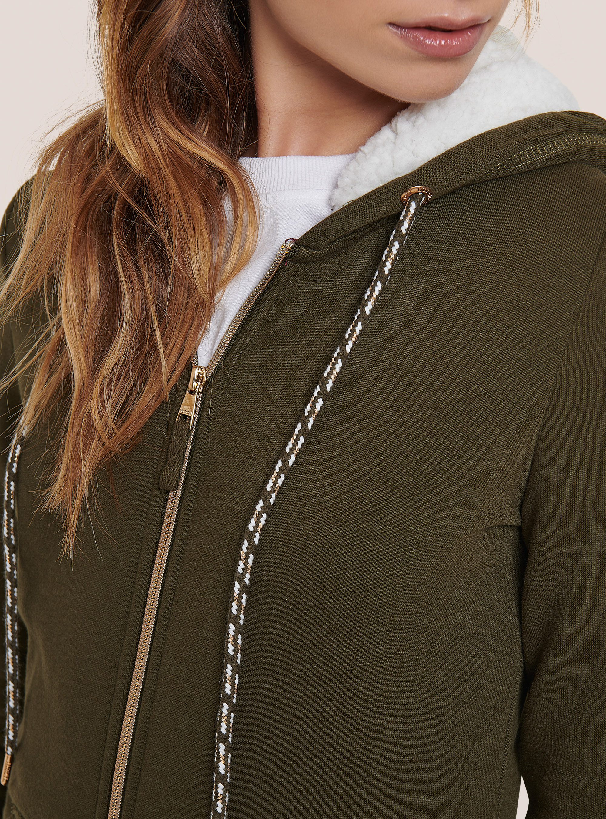 Sweatshirt with zip and faux fur hood, KAKI