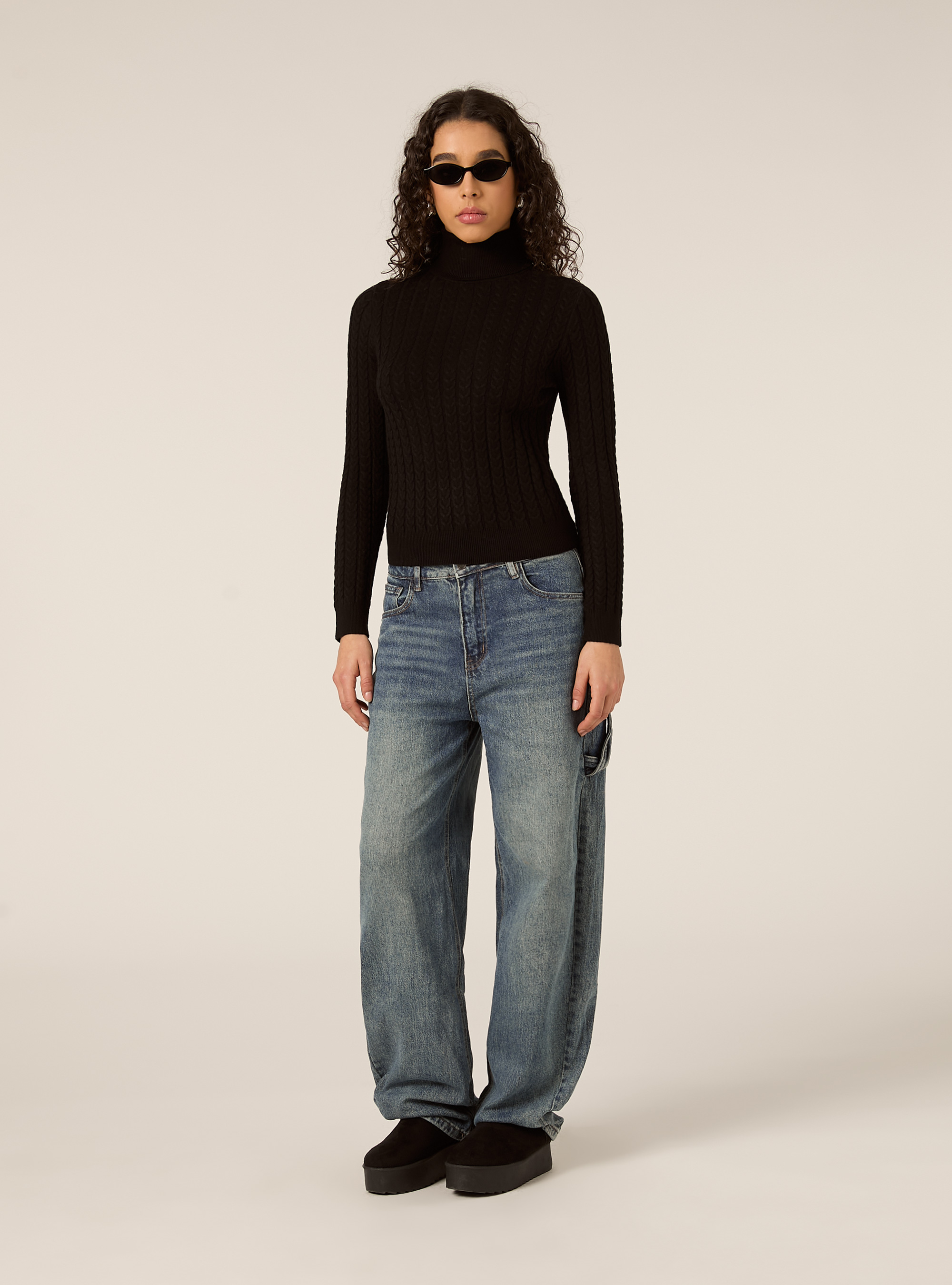 Maglia collo alto a trecce, BK1 BLACK