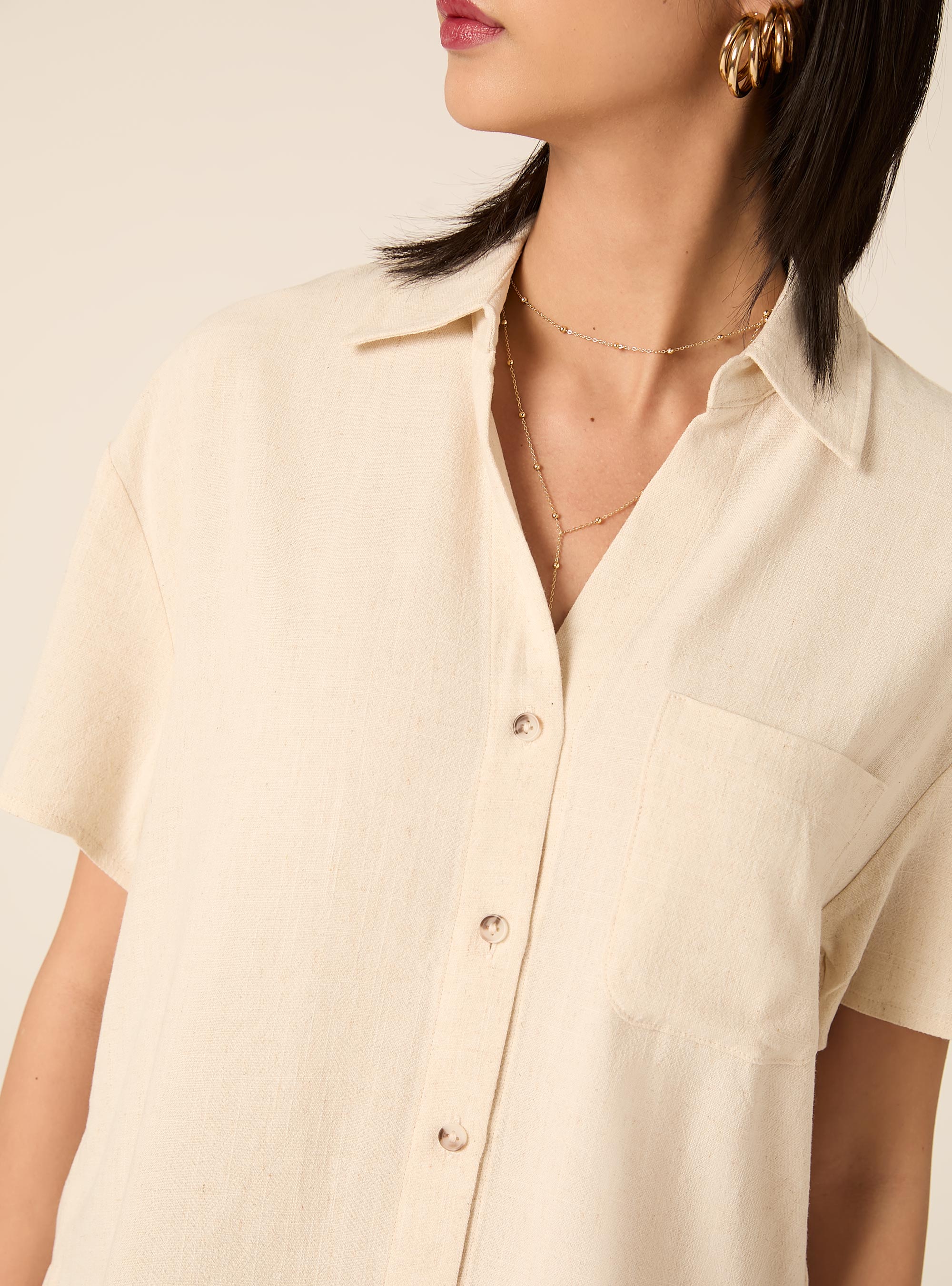 Camisa cropped de mezcla de lino, MBG3 BEIGE MEL LIGHT