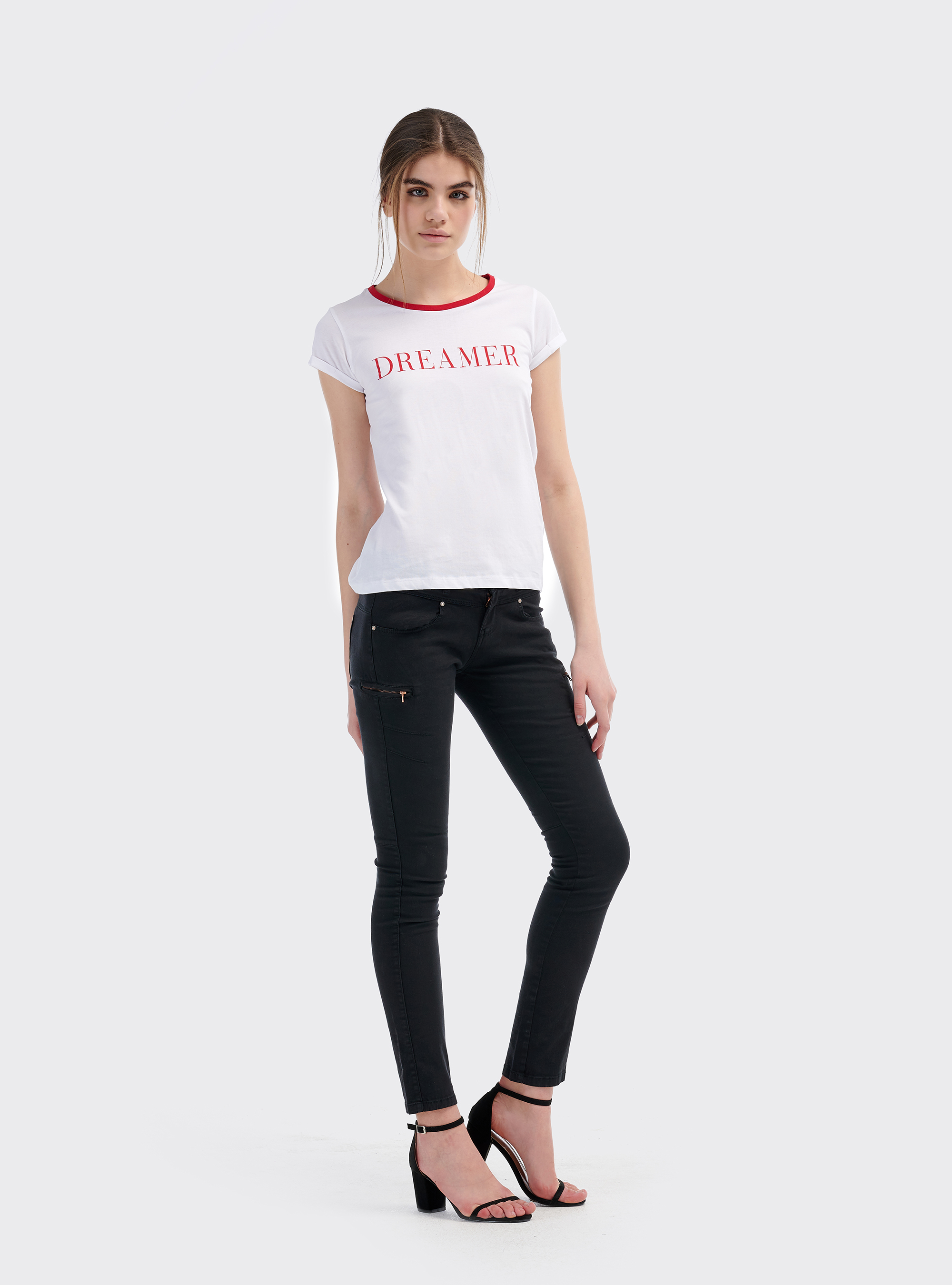 Pantalone slim fit con cerniere, NERO