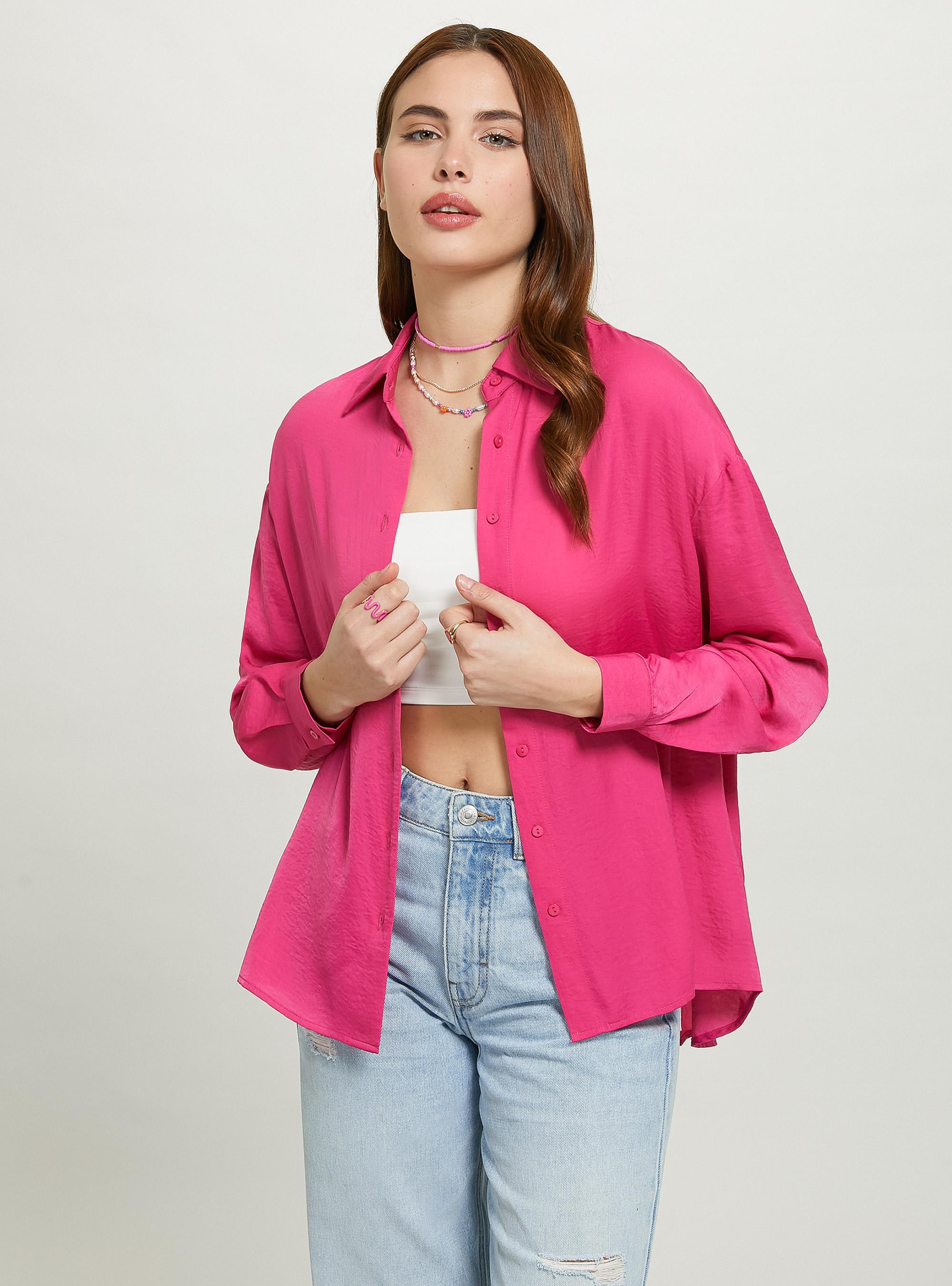 Camisa de satén de color liso, FX2 FUXIA MEDIUM