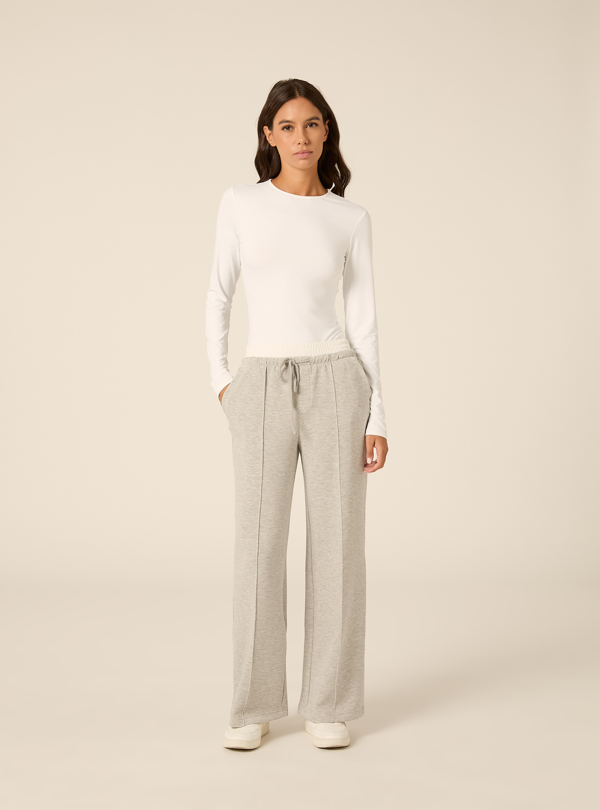 Wide leg hose aus scuba stoff mit doppelbund und biese, MGY3 GREY MEL LIGHT