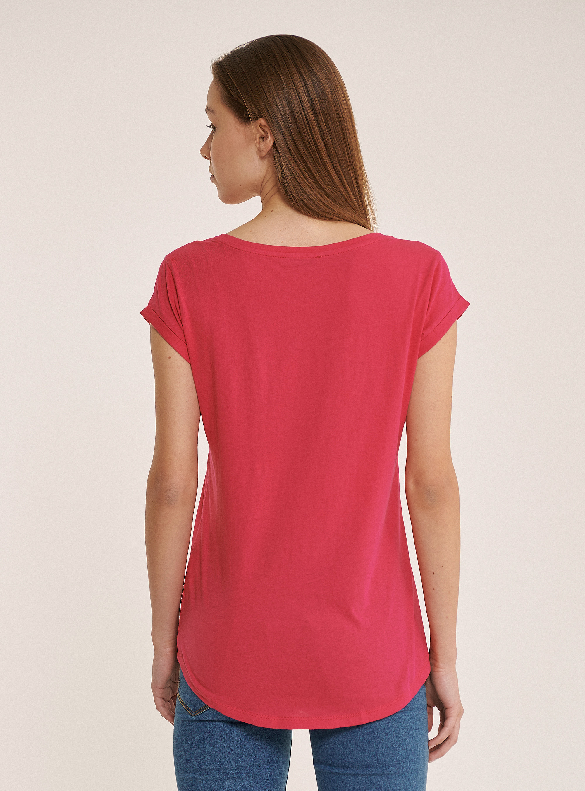Basic cotton T-shirt with breast pocket, FUXIA