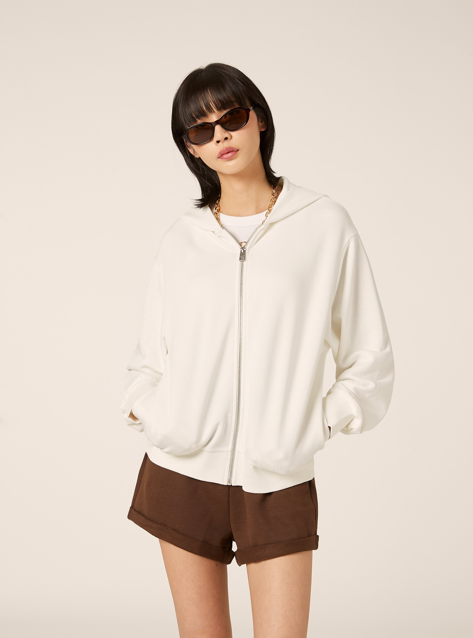 Cardigan felpa con cappuccio boxy, WH1 OFF WHITE