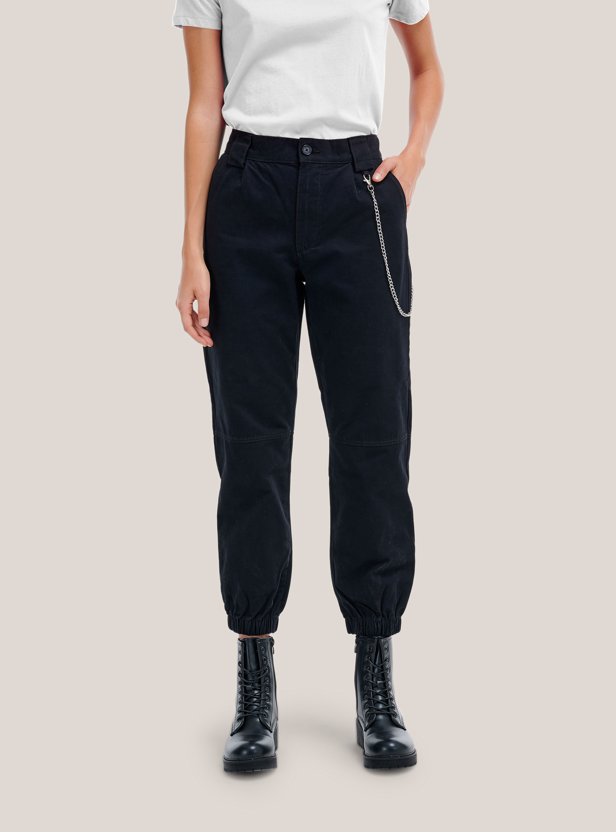 Pantaloni utility con catena laterale ed elastico alle caviglie