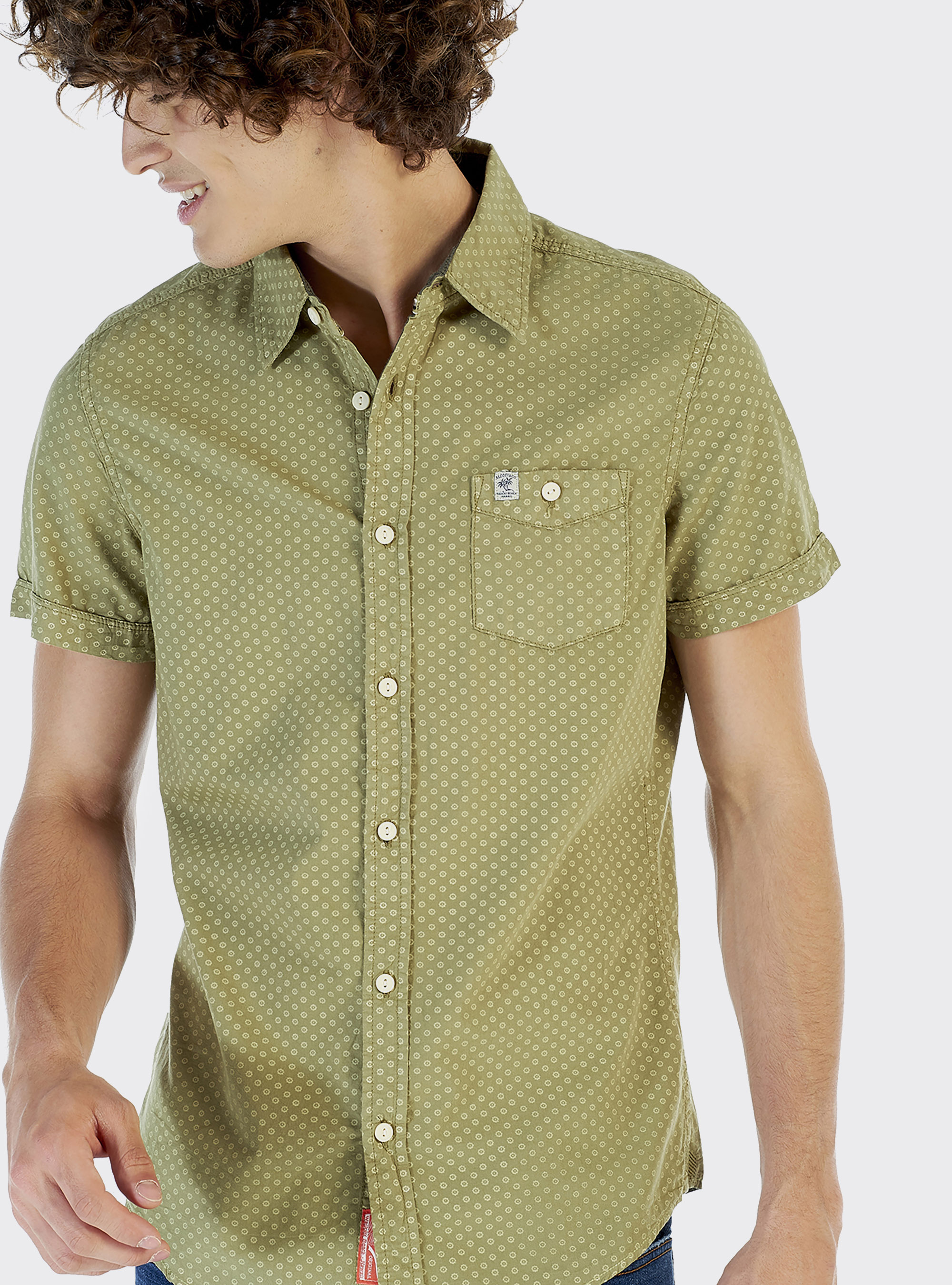 Camicia manica corta con microfantasia, VERDE