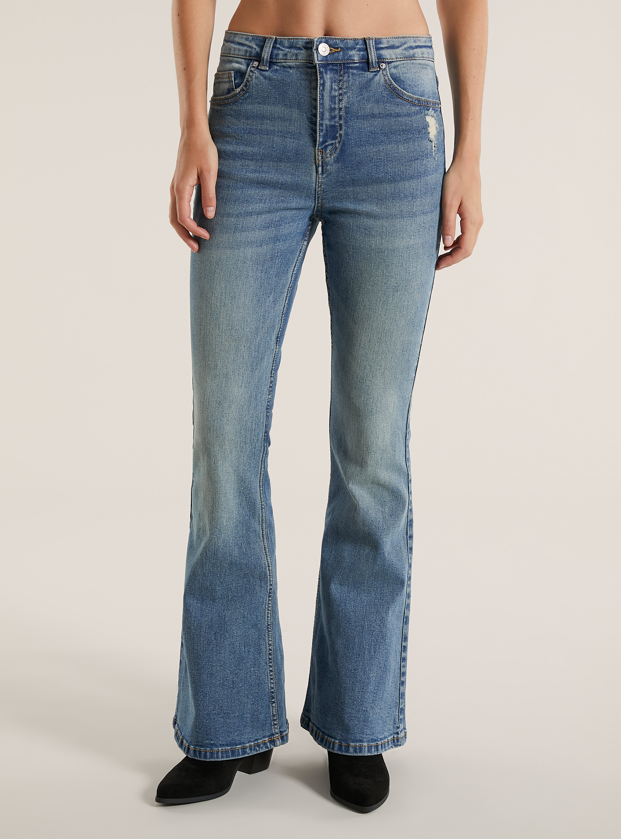 Jean flare taille haute, D003 MEDIUM BLUE