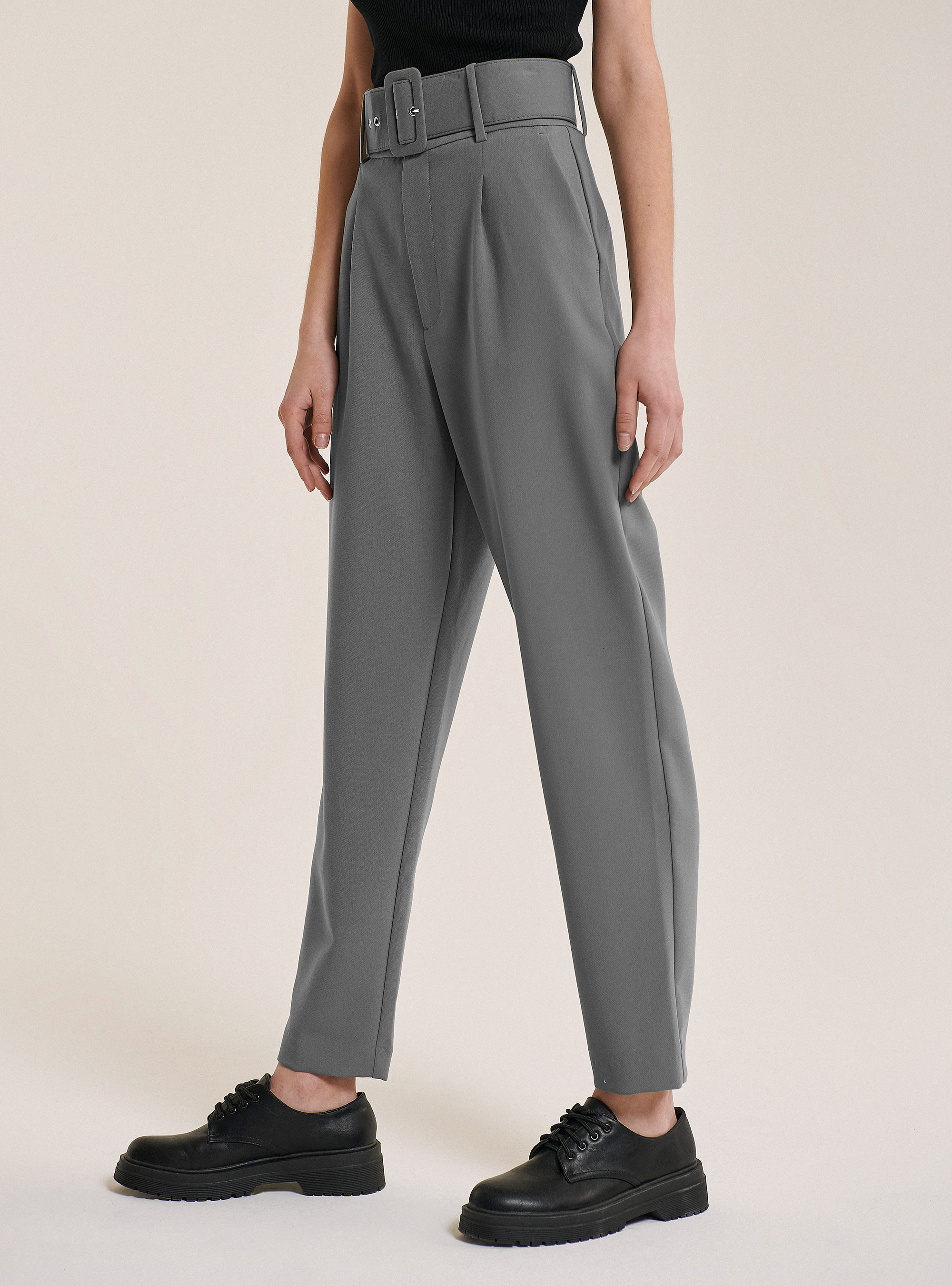 Pantalones de bolsa de papel en lona suave, GRIS MELANGE