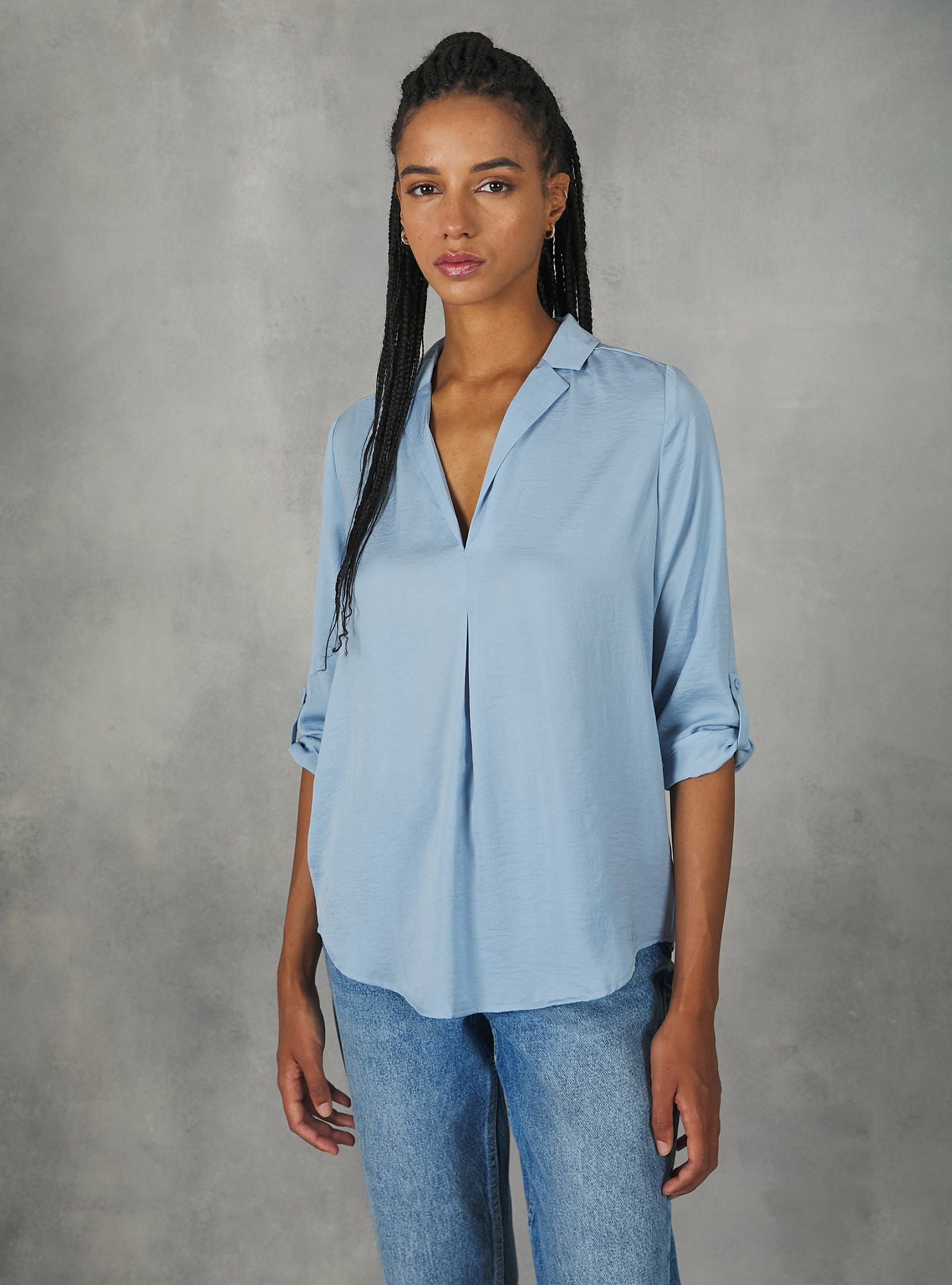 Plain-coloured blouse with lapel neckline, AZ3 AZURE LIGHT