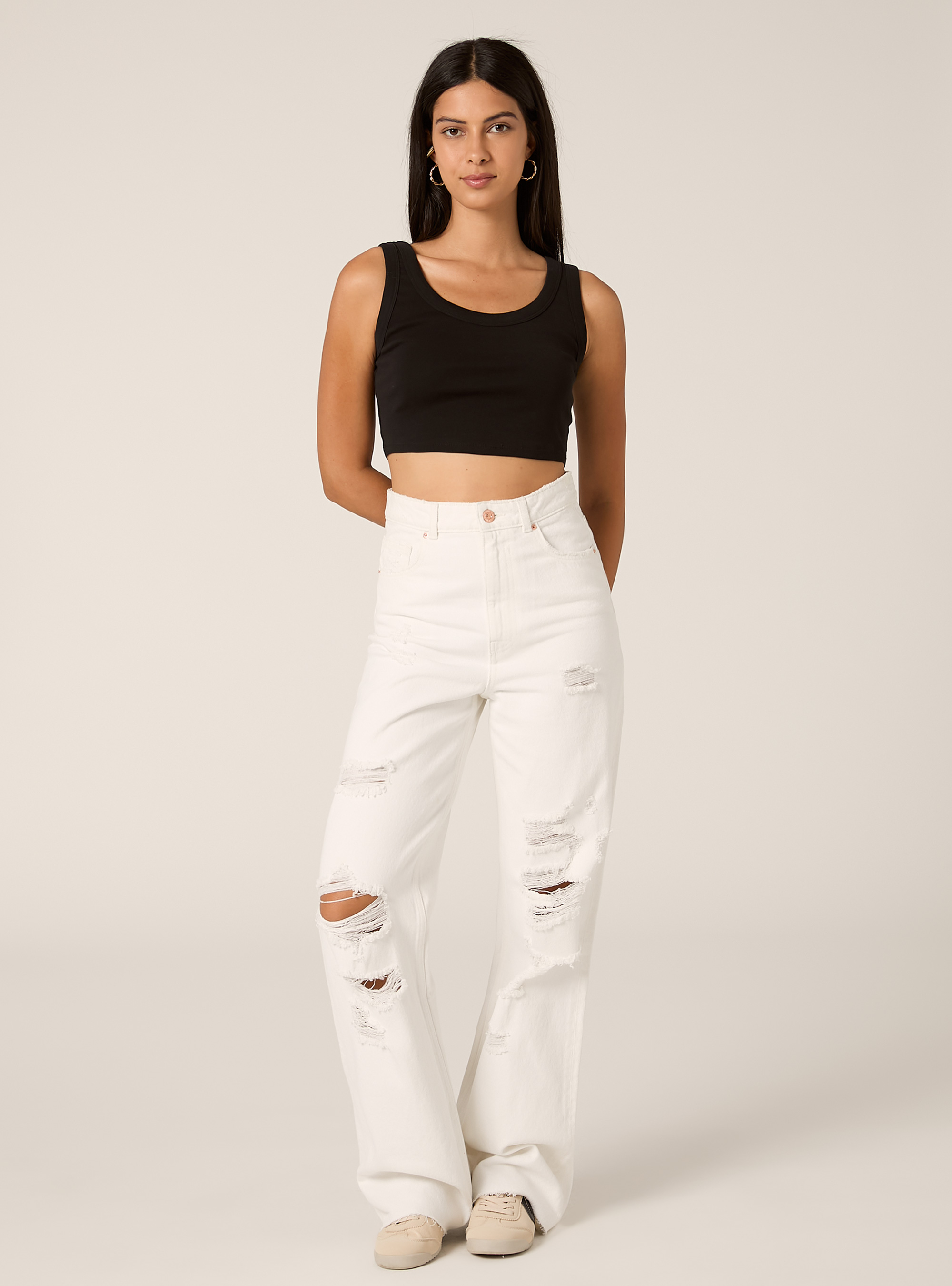 Jean taille haute &agrave; coupe droite, D099 WHITE