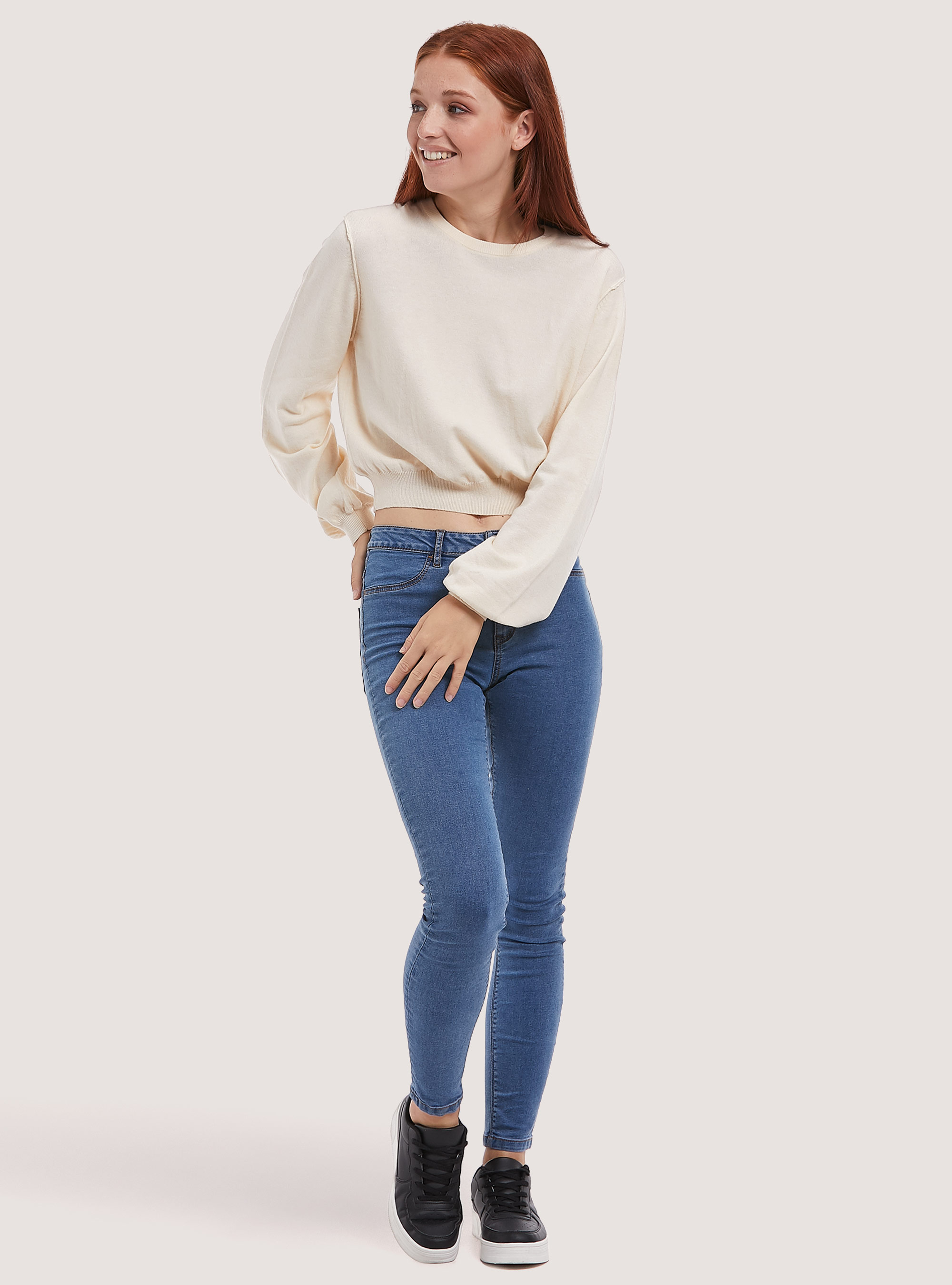 Jersey corto con mangas abullonadas, C034 CREAM