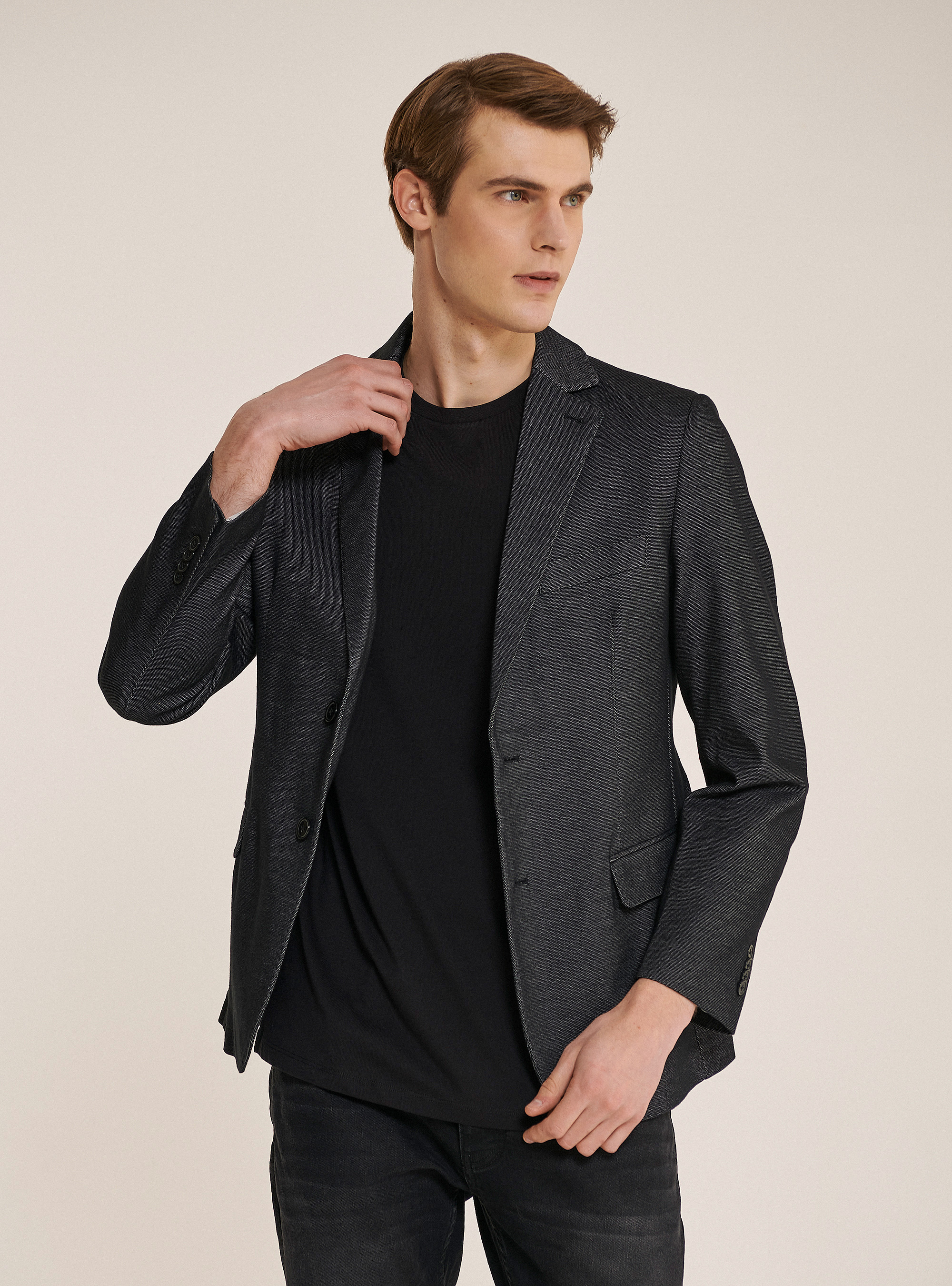 Blazer in cotone piquet, NERO
