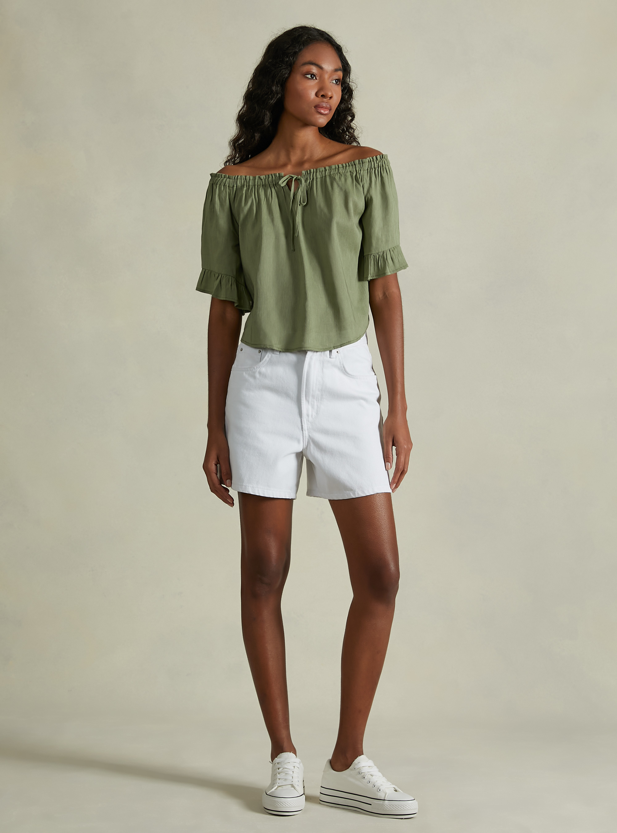 Linen blend blouse with bardot neckline, KY1 KAKY DARK