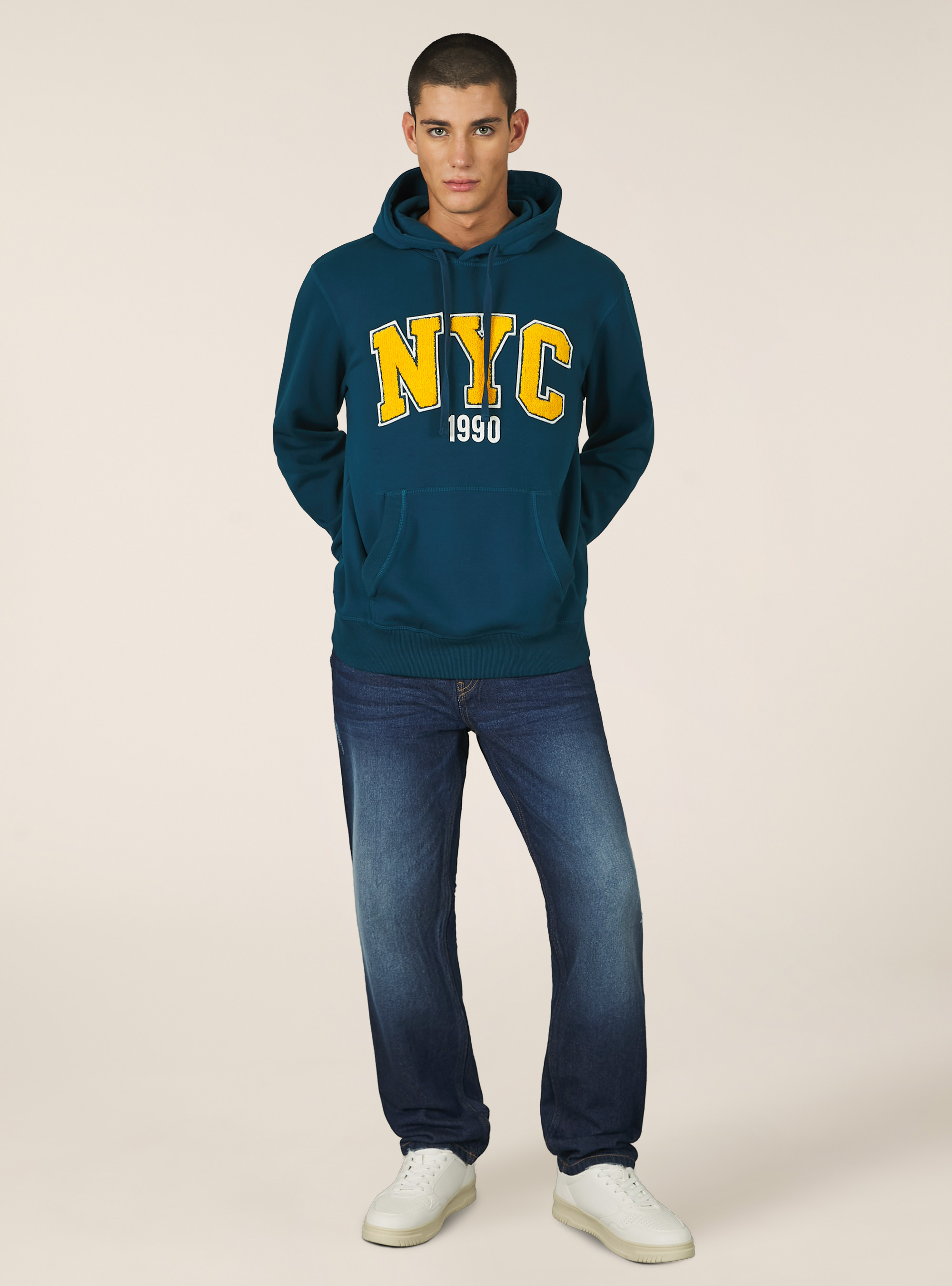 Hoodie with embroidered patch, OB2 BLUE OIL MED.