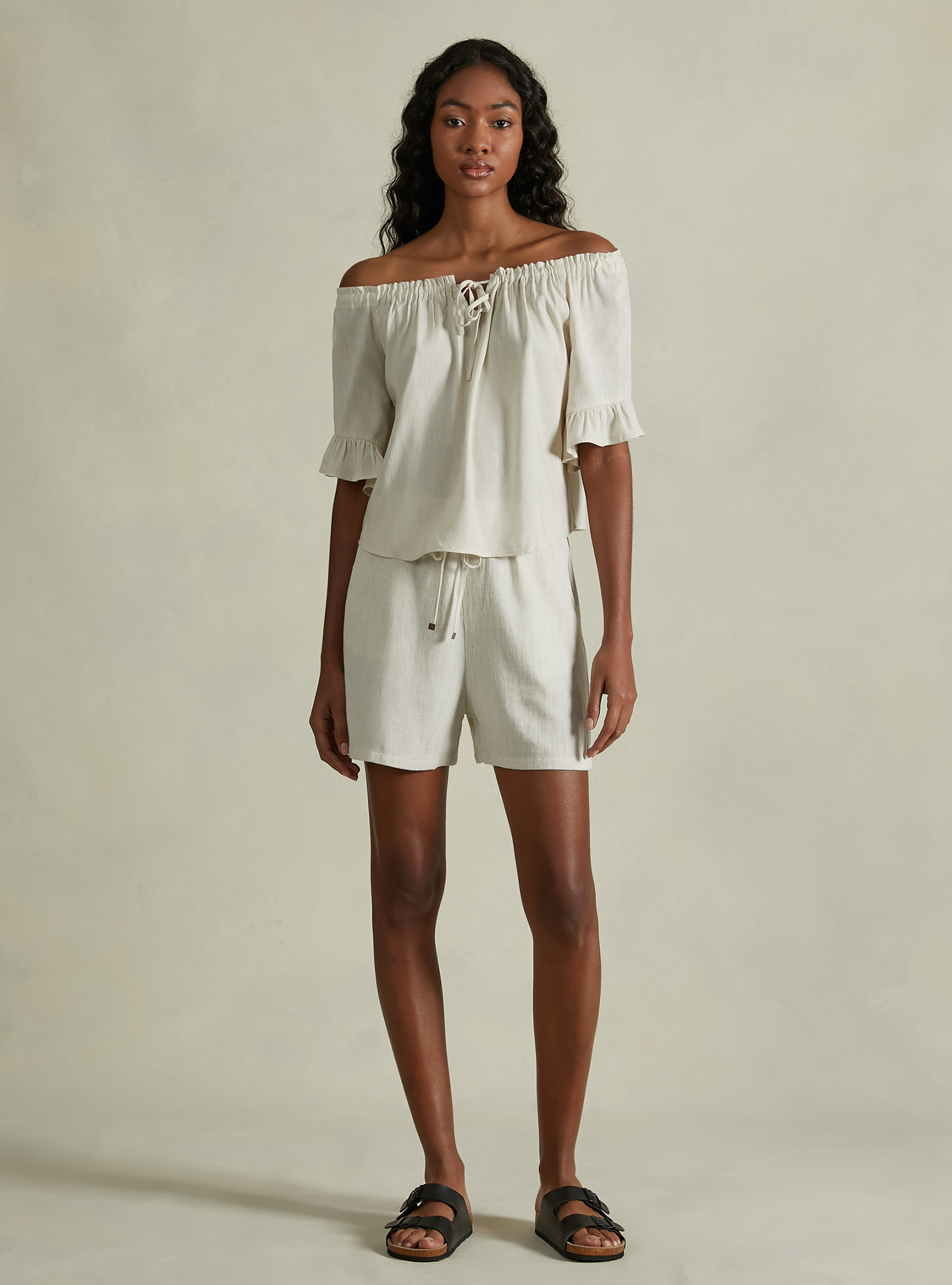 Linen blend blouse with bardot neckline, BG3 BEIGE LIGHT